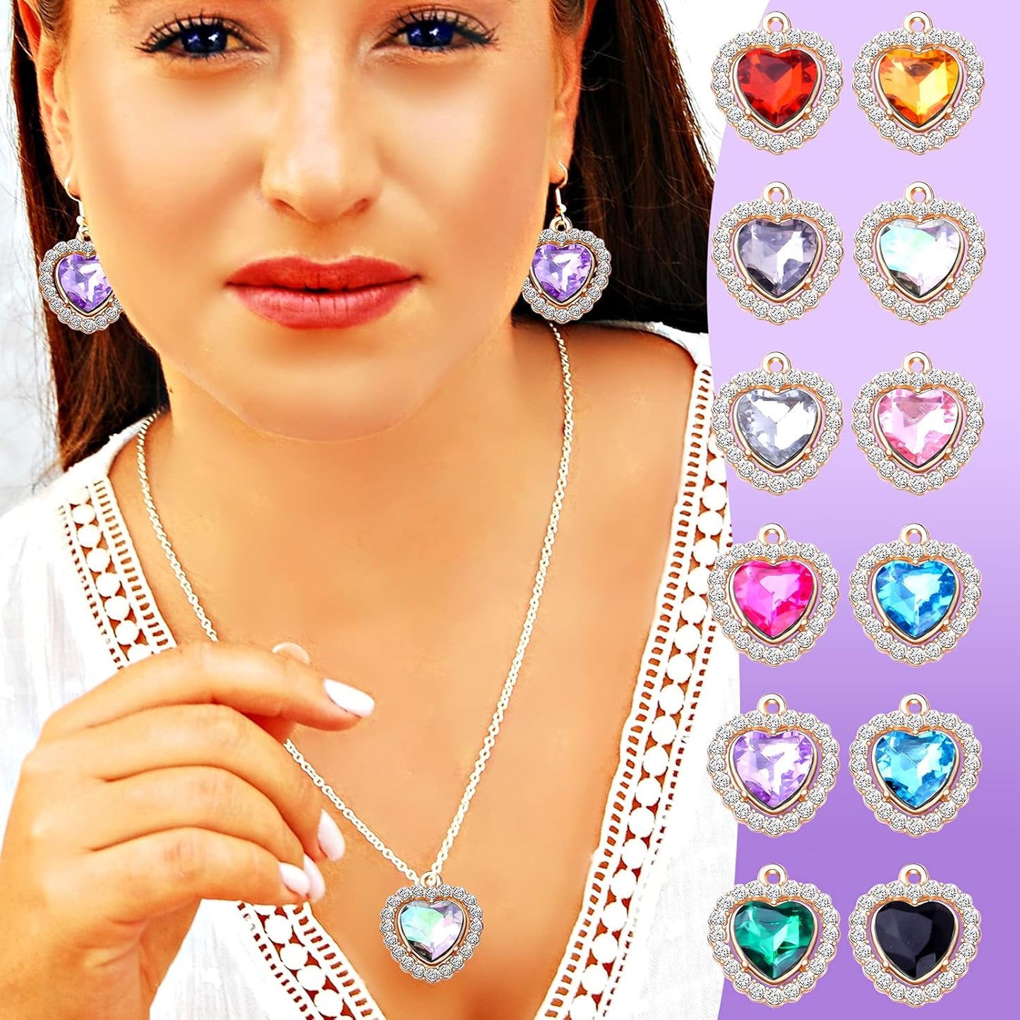 24pcs 12 Colors Rhinestone Heart Charms Cubic Zirconia Alloy Crystal Beads Pendants Charms for DIY Earrings Necklace Bracelet Crafts Jewelry Making Tiny Dangle Accessories