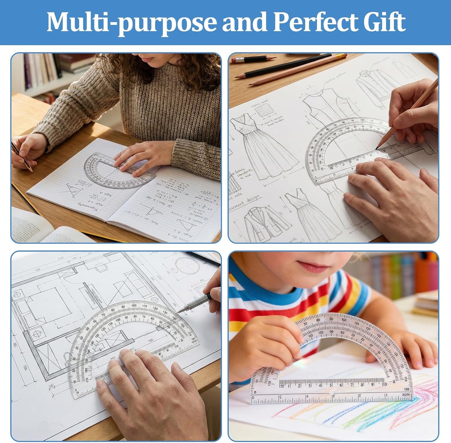 Aylifu Plastic Protractor,4 Pack Math Protractors Clear 180 Degrees,Transparent Protractor for Geometry(6 Inch)