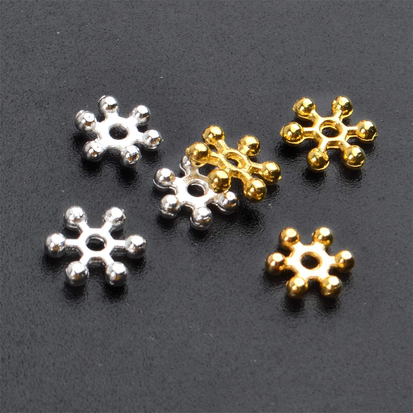 400pcs Snowflake Spacer Beads Flat Metal Spacers for Bracelet Necklace Jewelry Making, 6mm/8mm Diameter,Bright Silver & Bright Gold