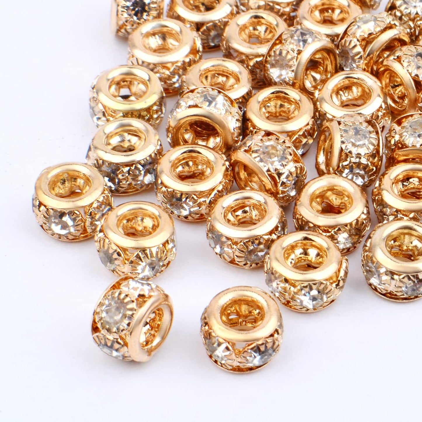 40pcs KC Golden Rhinestone European Spacer Beads Large Hole Rondelle Beads Diamond Crystal Loose Charm Beads for Snake Chain Bracelet Jewelry Making