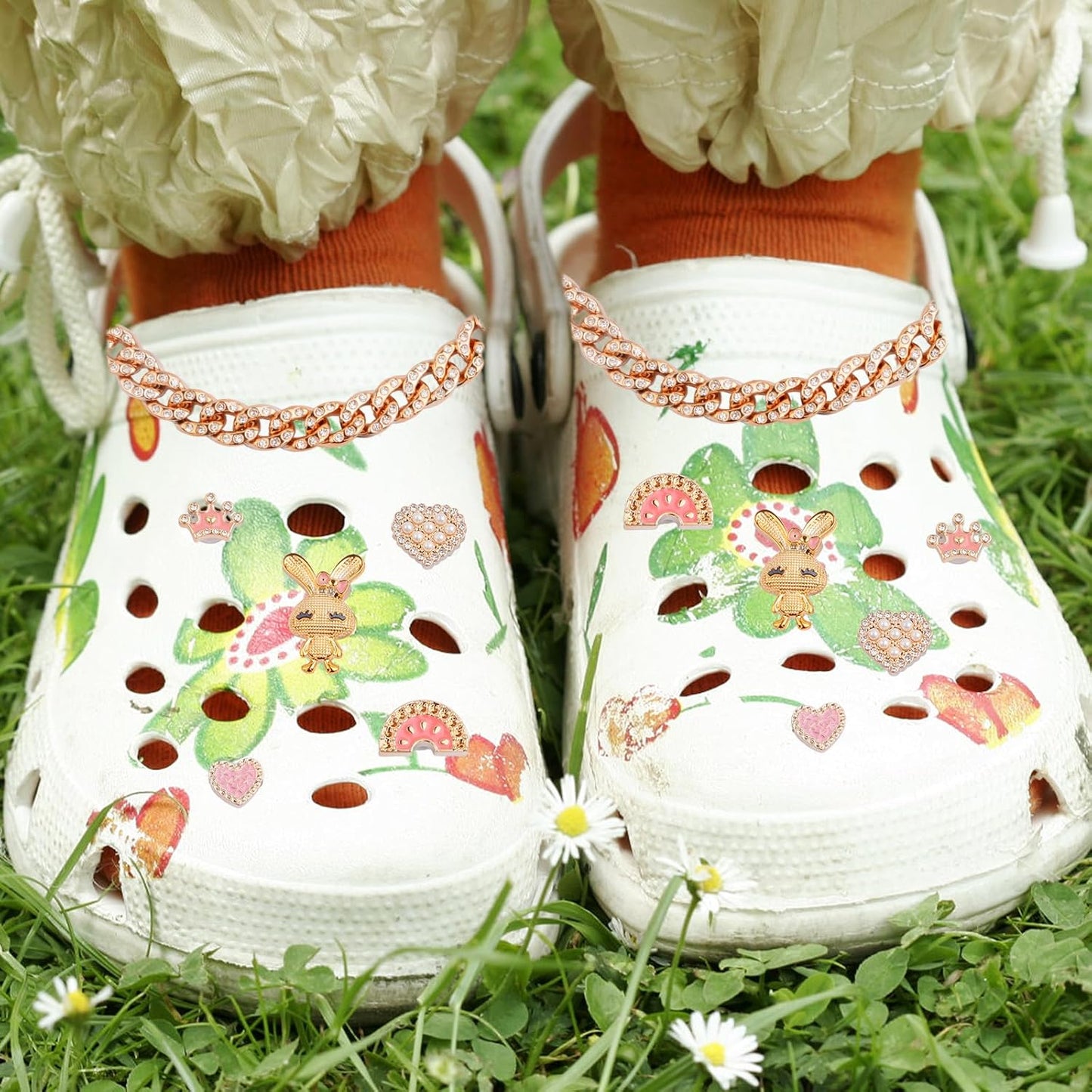 1 Set Mixed Bling Shoe Charms Flower Pearls Rabbit Buckle Shoes Decoration Accessories for Women and 1 Pair of Shoe Chains for Clogs Sandals Slippers Bags Belts Christmas Gifts