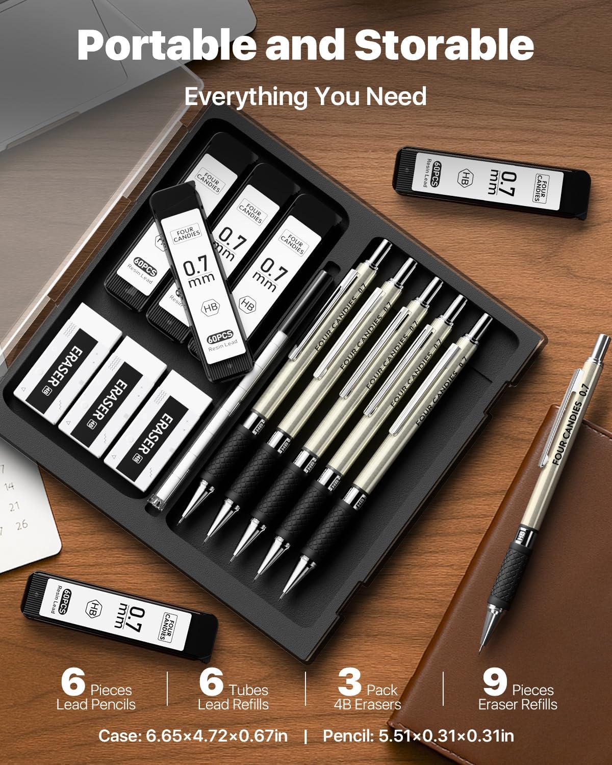 HENDEVL 6PCS Metal Mechanical Pencil Set with 0.7mm Medium Point, 360 Leads, 12 Erasers, Art Mechanical Pencils Pack with Storage Case for School Writing, Sketching, Drawing & Professional Drafting