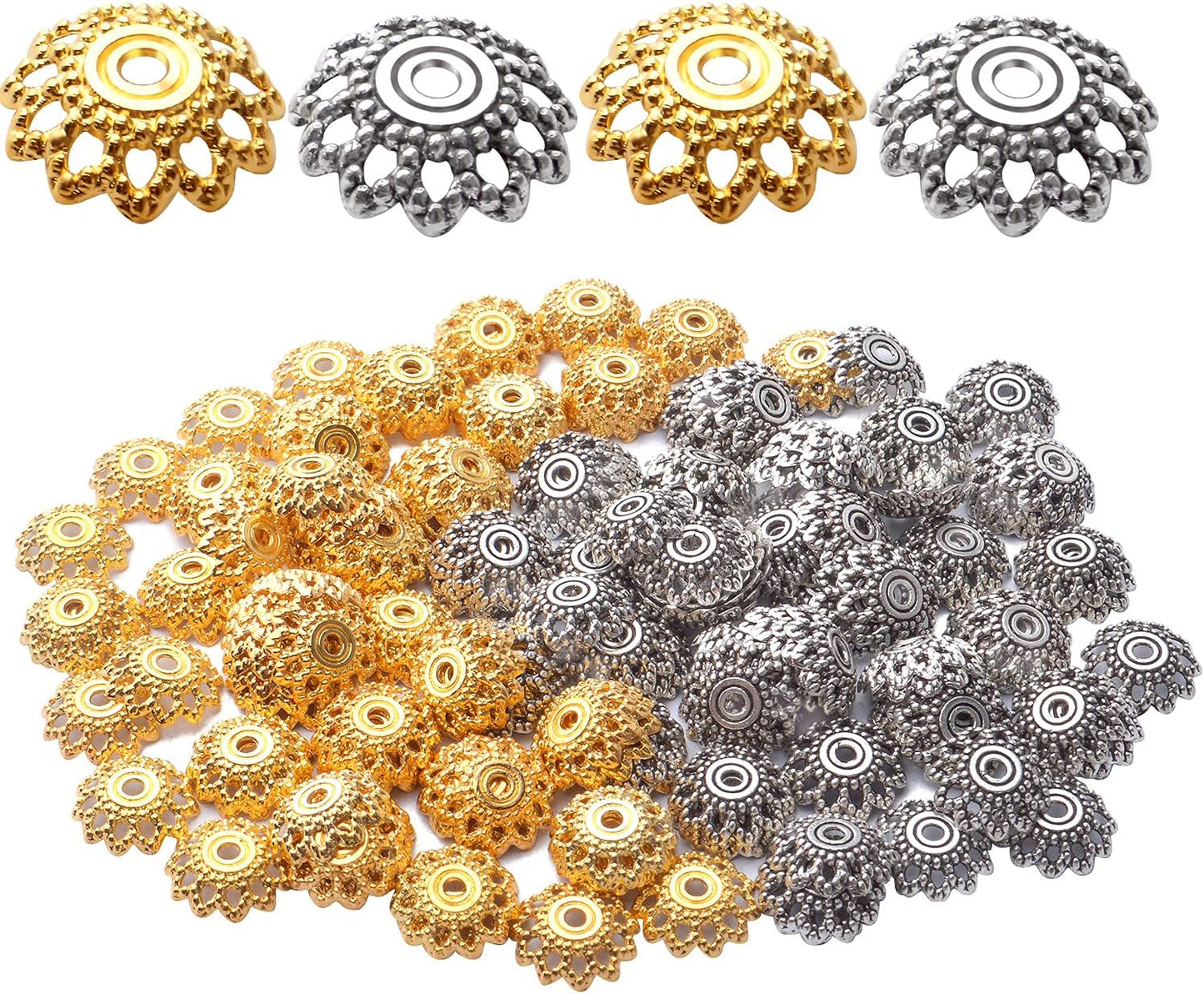 200pcs 12mm Flower Filigree Bead Caps Alloy Spacer Beads Caps Flower End Caps Loose Beads for Bracelet Necklace DIY Jewelry Making Crafts Supplies