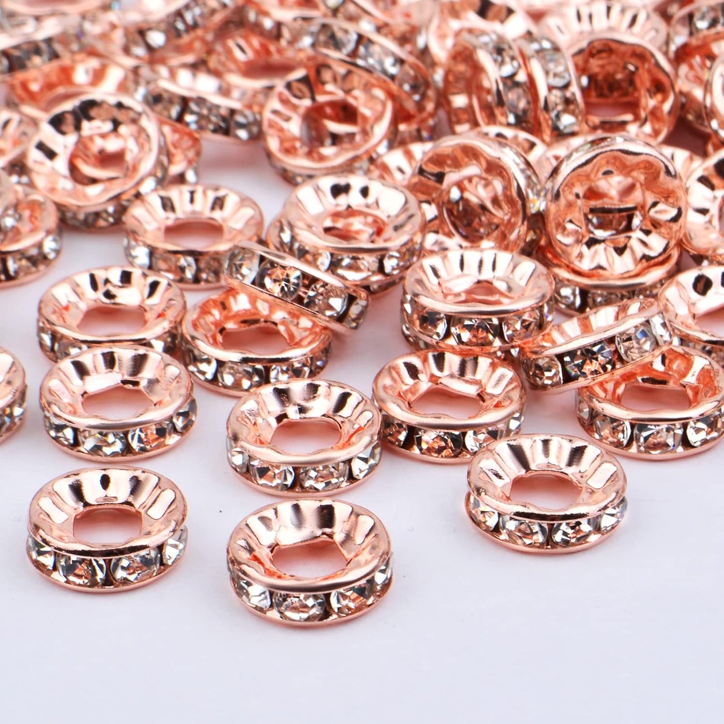 100pcs 10 mm Rhinestone Rondelle Spacer Beads Large Hole Round Crystal Loose Beads Craft Supplies for DIY European Bracelet Jewelry Making Decor, Rose Golden