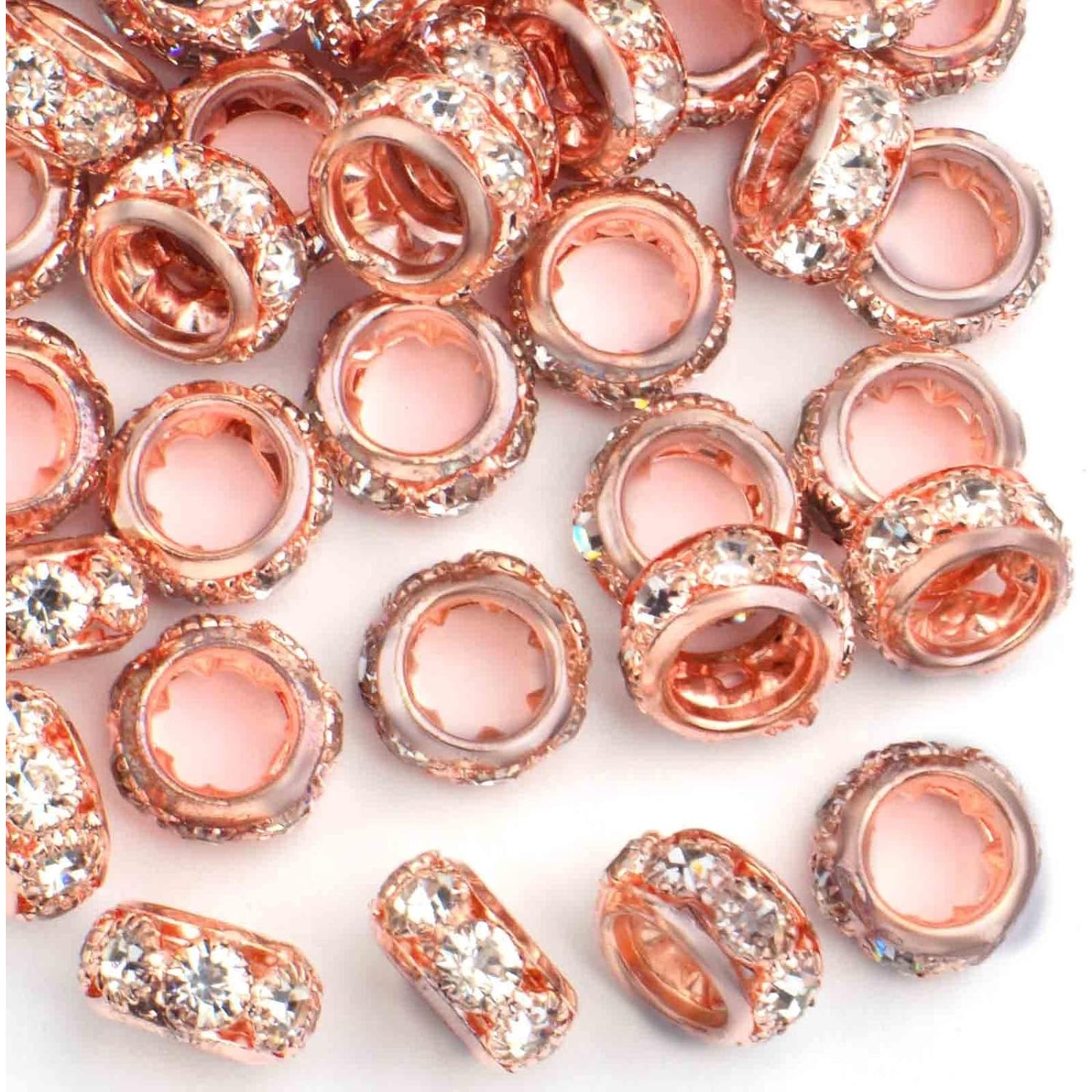 40pcs Rose Golden Crystal Rhinestone Spacer Beads European Large Hole Rondelle Beads for DIY Bracelet Snake Chain Jewelry Making Handmade Decor, Hole: 6.5 mm