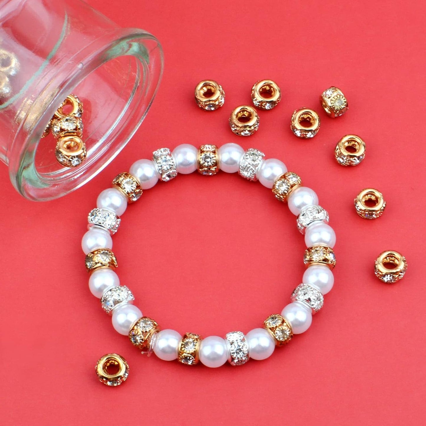 40pcs KC Golden Rhinestone European Spacer Beads Large Hole Rondelle Beads Diamond Crystal Loose Charm Beads for Snake Chain Bracelet Jewelry Making