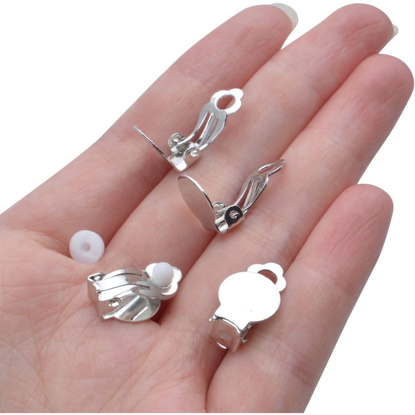 50pcs Round Flat Back Tray Earring Clips Non Pierced Earring Components and 50pcs Soft Cushion for DIY Earrings Jewelry Making,Silver