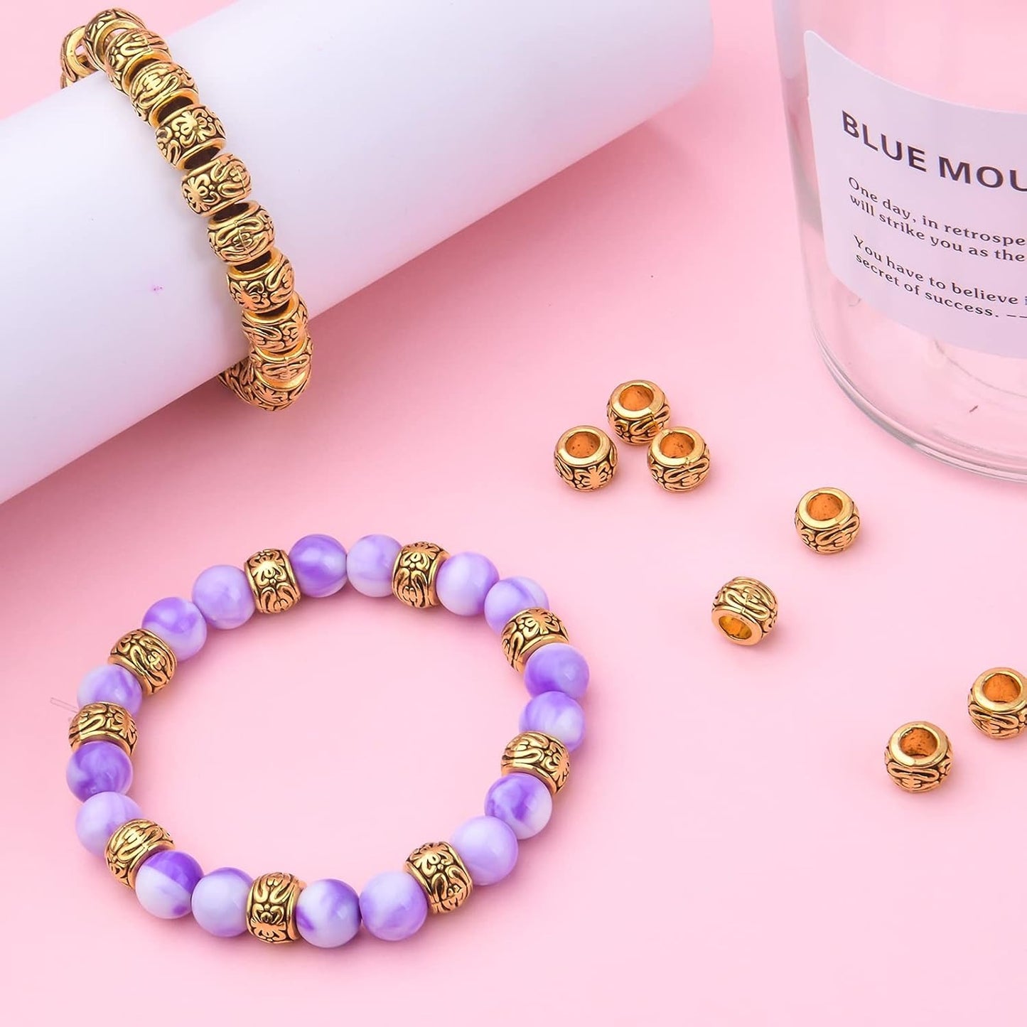 BronaGrand 100pcs Antique Gold Large Hole Spacer Beads Tibetan Alloy Column Barrel Beads with Nice Patterns Loose Charm Beads for European Charm Snake Chain Bracelet Jewelry Making