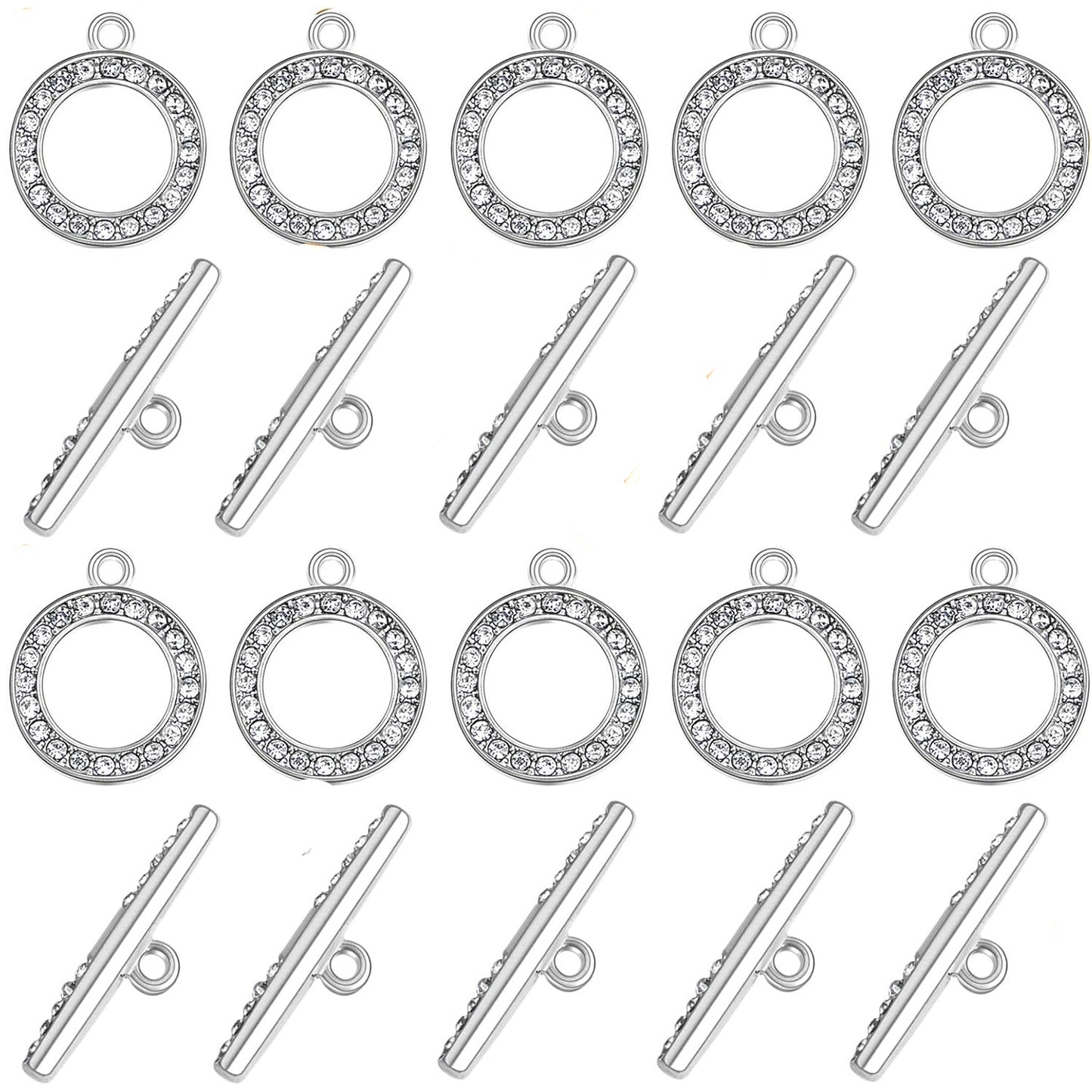 10 Sets Round Metal Toggle Clasps Bracelet Closure Fastener Buckle OT End Clasps T-Bar Connectors and Ring Clasps with Rhinestone for DIY Craft Necklace Jewelry Making, 2 Colors