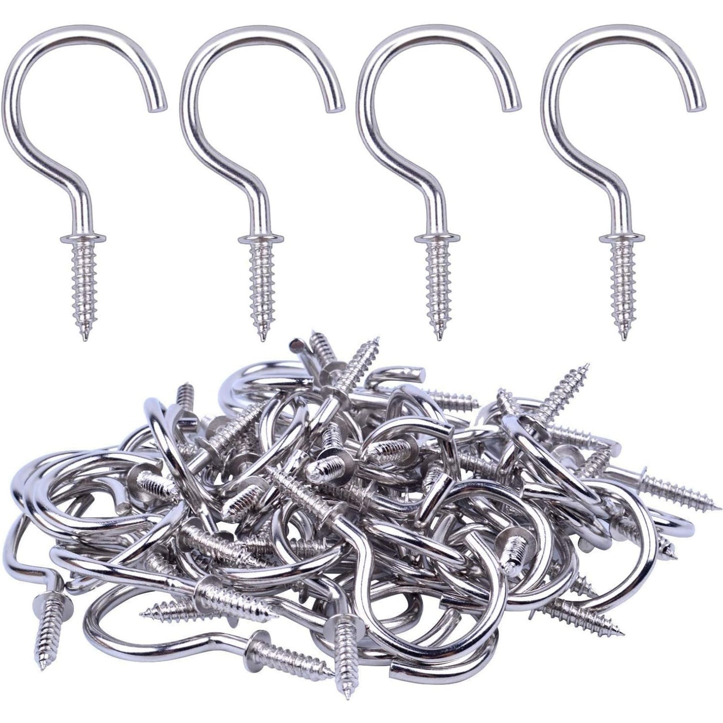 BronaGrand 100pcs Nickel Plated Metal Screw-in Ceiling Hooks Cup Hooks Silver 1inch