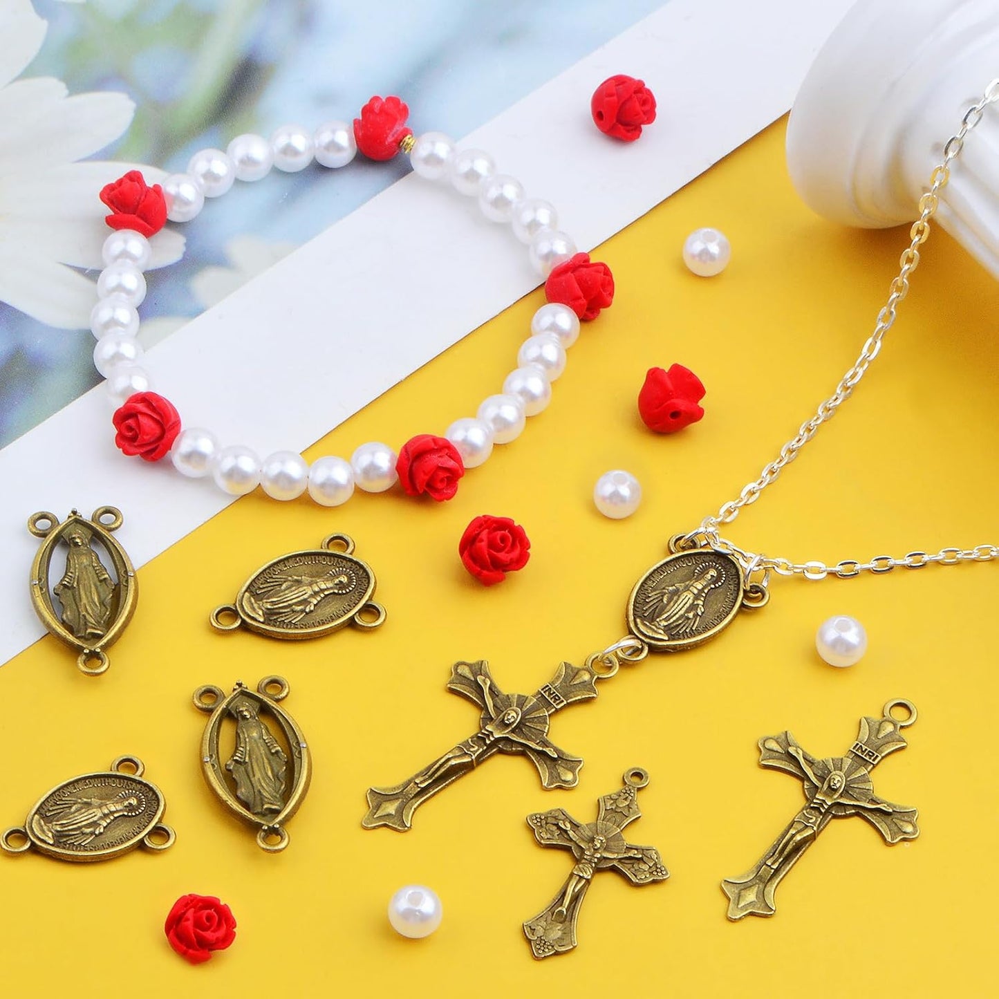 10pcs Antique Golden Jesus Cross Charms, 10pcs Virgin Mary Pendant Links, 30pcs Cinnabar Red Rose Beads and 500pcs White Pearls Kit for DIY Rosary Necklace Crafts Jewelry Making
