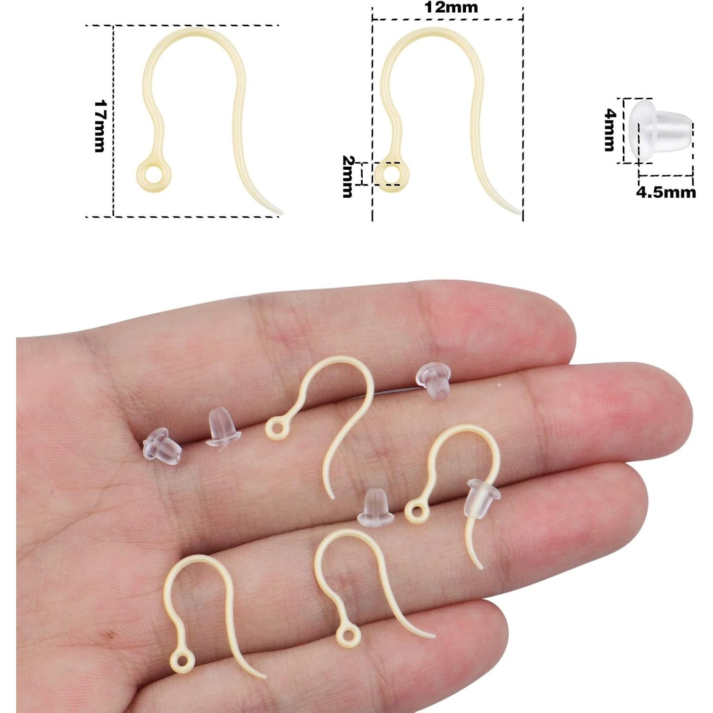 100pcs Golden Plastic Earring Hooks Fish Hooks with Loop and 100pcs Clear Bullet Earring Stoppers for DIY Jewelry Making Party Gifts Crafts Decor