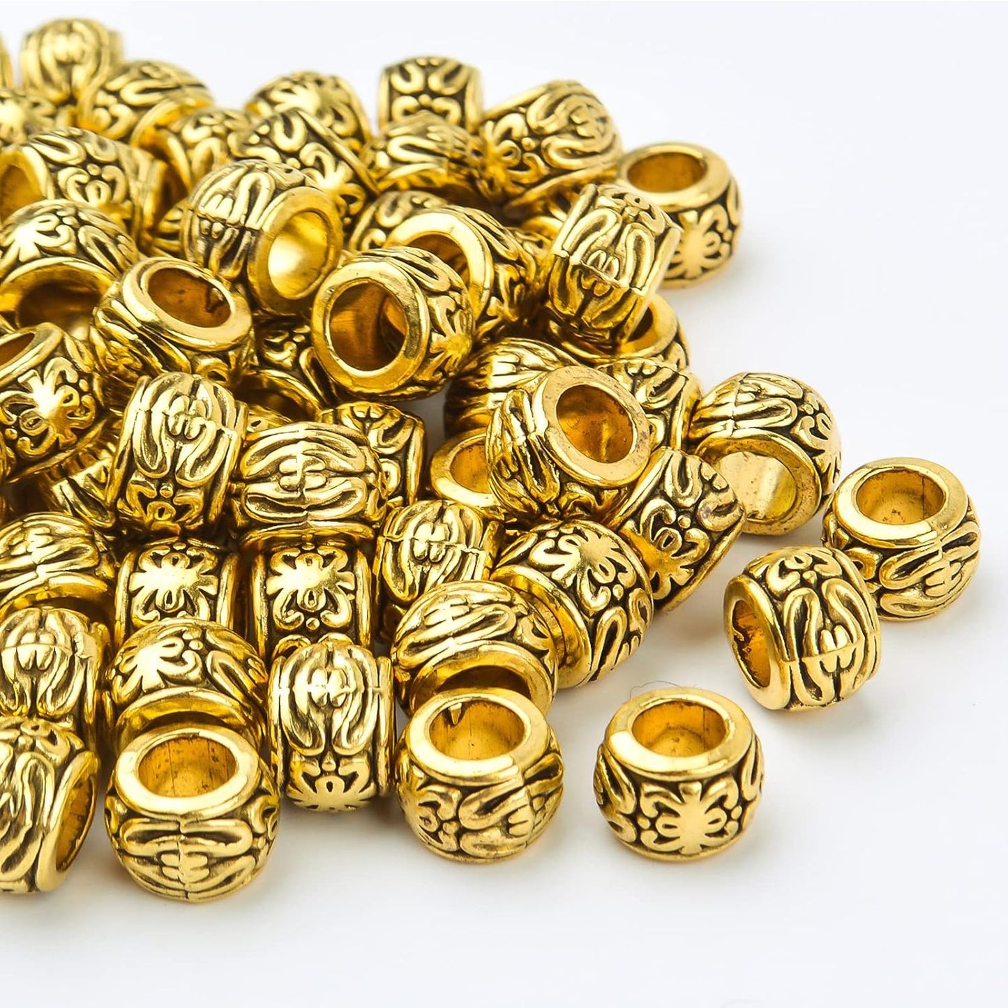 BronaGrand 100pcs Antique Gold Large Hole Spacer Beads Tibetan Alloy Column Barrel Beads with Nice Patterns Loose Charm Beads for European Charm Snake Chain Bracelet Jewelry Making