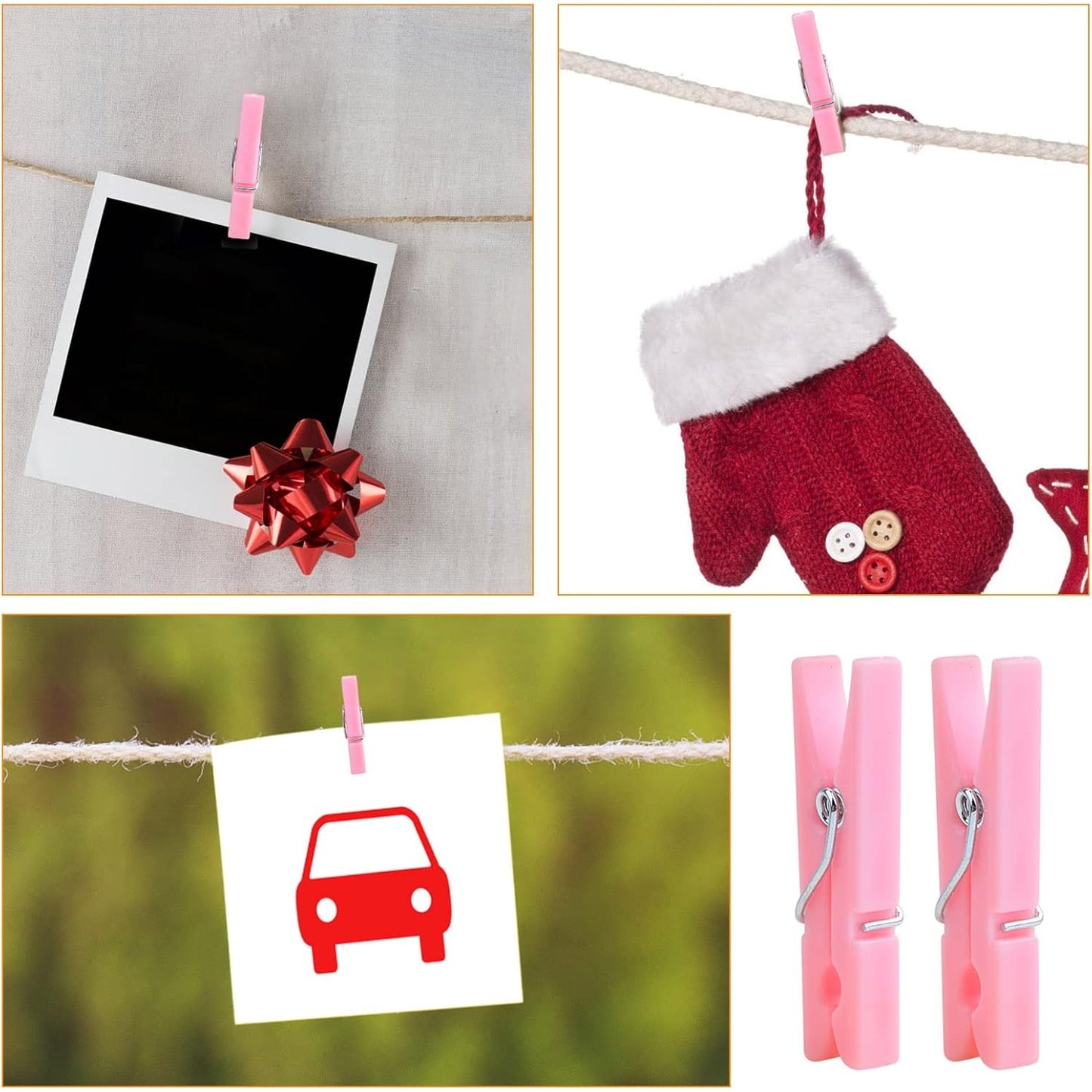 100 Piece Pink Plastic Photo Clips Small Laundry Clothespins Clips Decorative Craft Paper Clips for String Fairy Lights Picture Home Office Decor, 34 x 5 x 8.5 mm