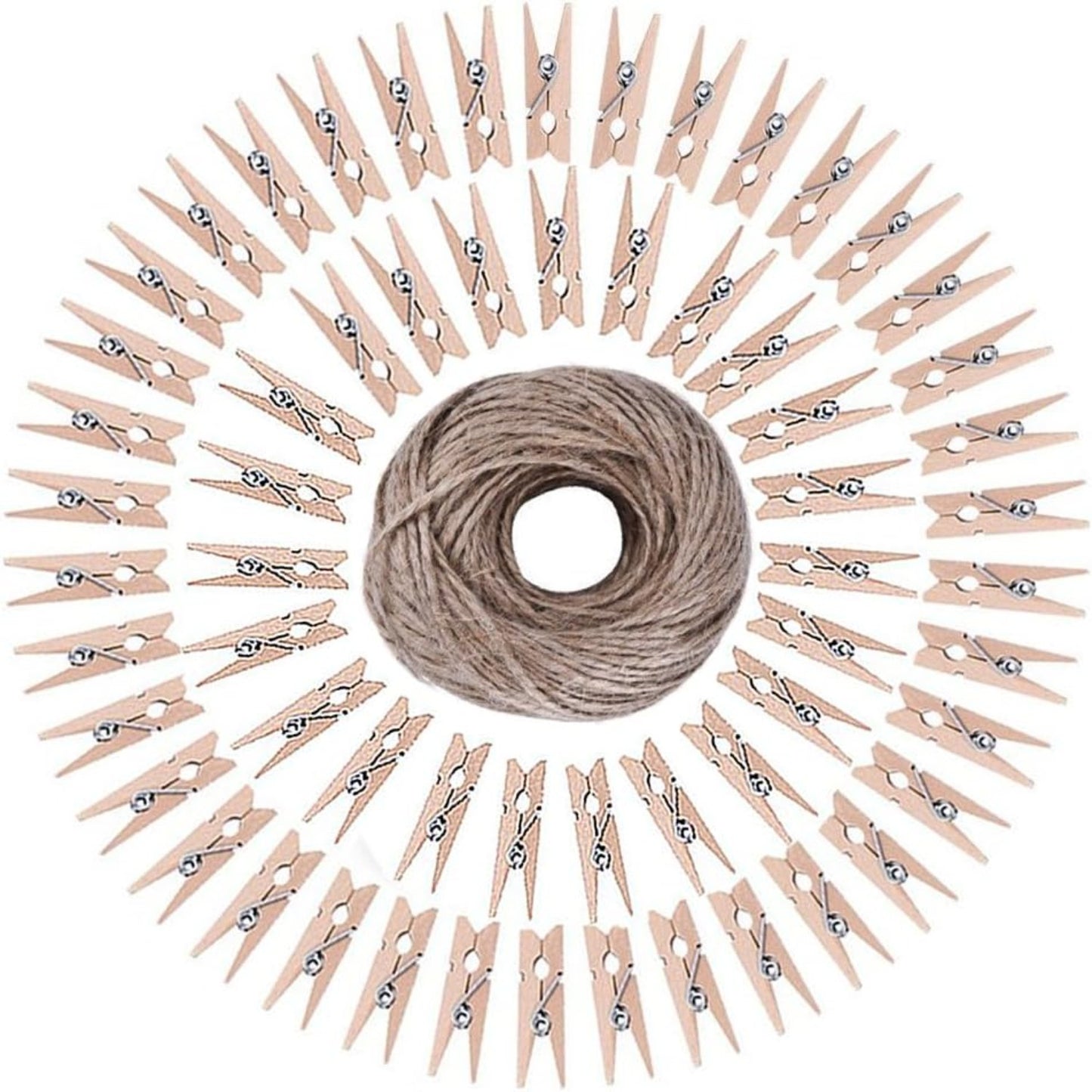 50pcs Mini Wooden Utility Paper Clip, Clothespins Clip, Clothes Line Clips with 300 Feet Natural Twine