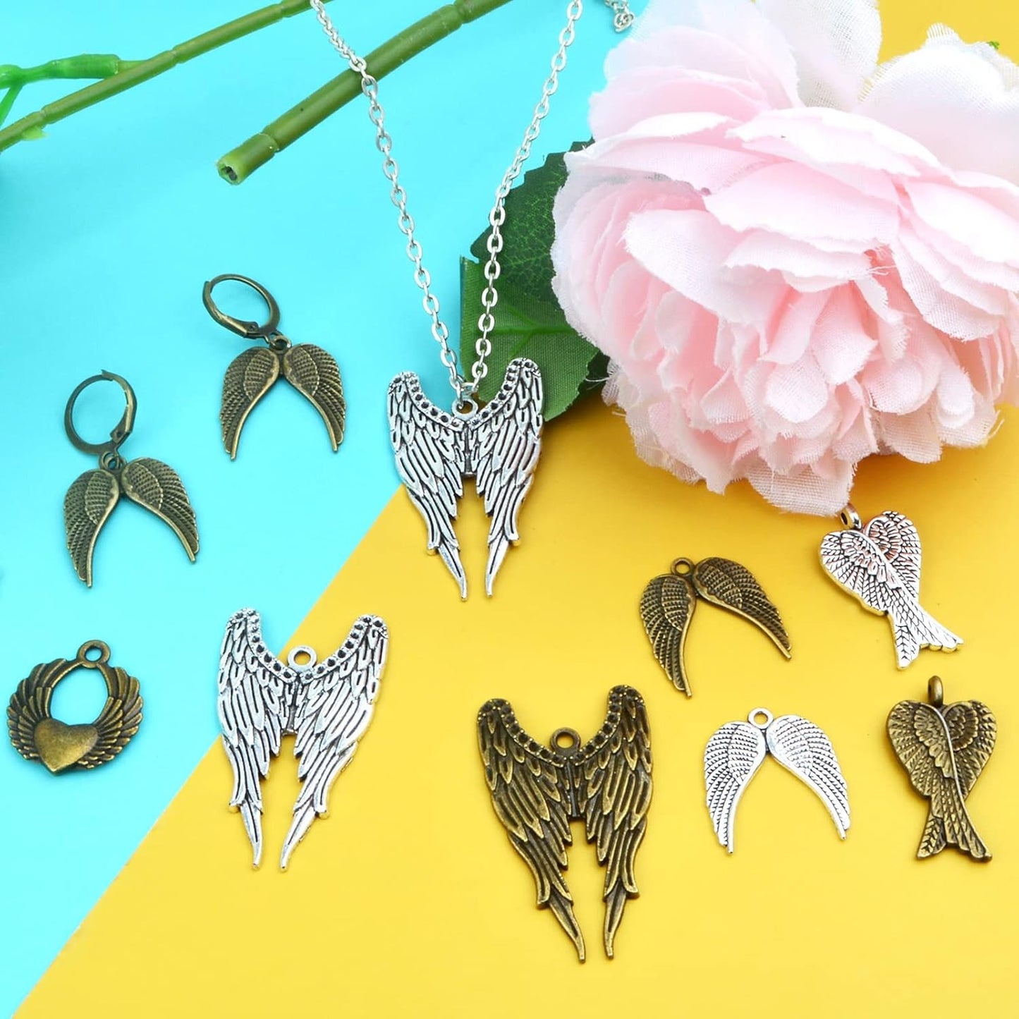 40pcs 4 Styles Angel Double Wing Charms Tibetan Style Alloy Fairy Wing Feather Bead Pendants Ornaments for DIY Craft Earring Necklace Jewelry Making Findings, 2 Colors