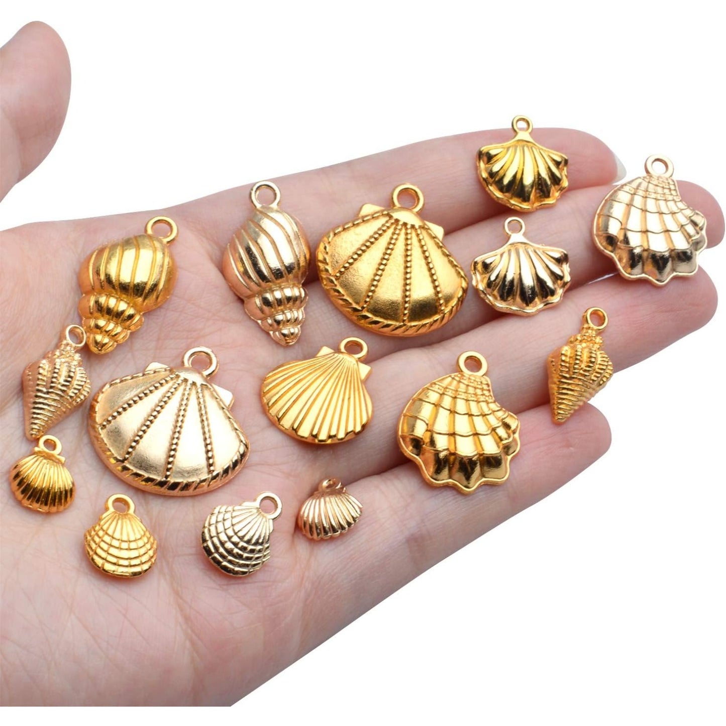 Seashell Charms, 100 Gram Gold Shell Ocean Theme Pendants - Conch, Scallops, Mussel, Marine Life, Sea Animals Dangle Charms for Jewelry Making, Necklace, Bracelet Crafting