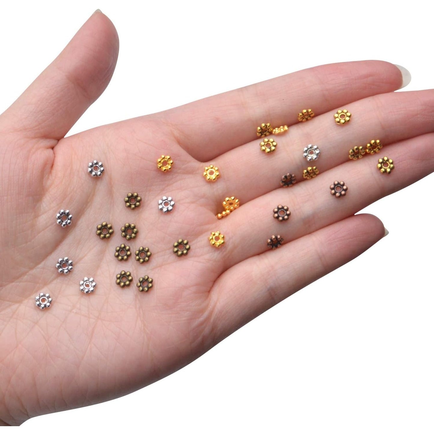 BronaGrand 500pcs Metal Daisy Spacer Beads 5mm for DIY Jewelry Making (5 Colors)