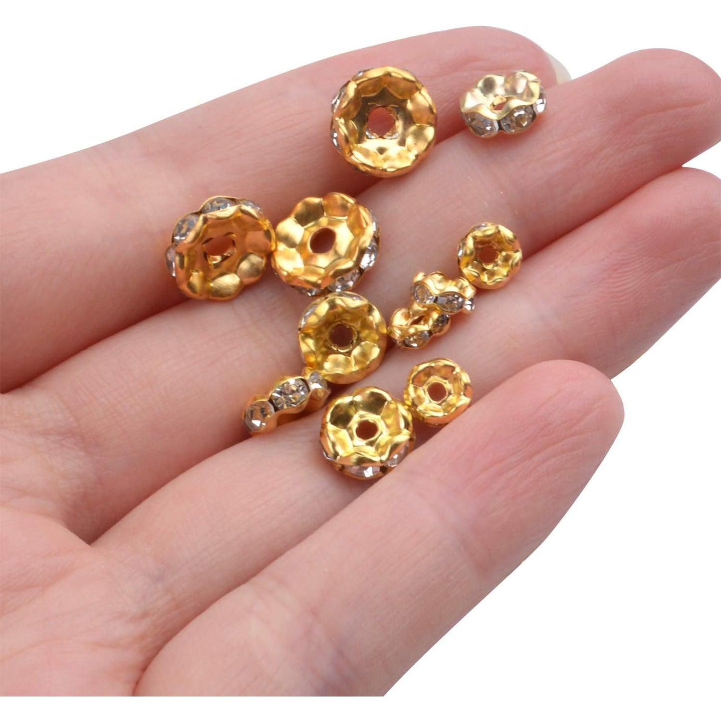 400pcs 3 Sizes Crystal Spacer Beads Loose Round Rhinestone Beads Rondelle for Bracelets Necklaces Jewelry Making,6mm/8mm/10mm,Gold