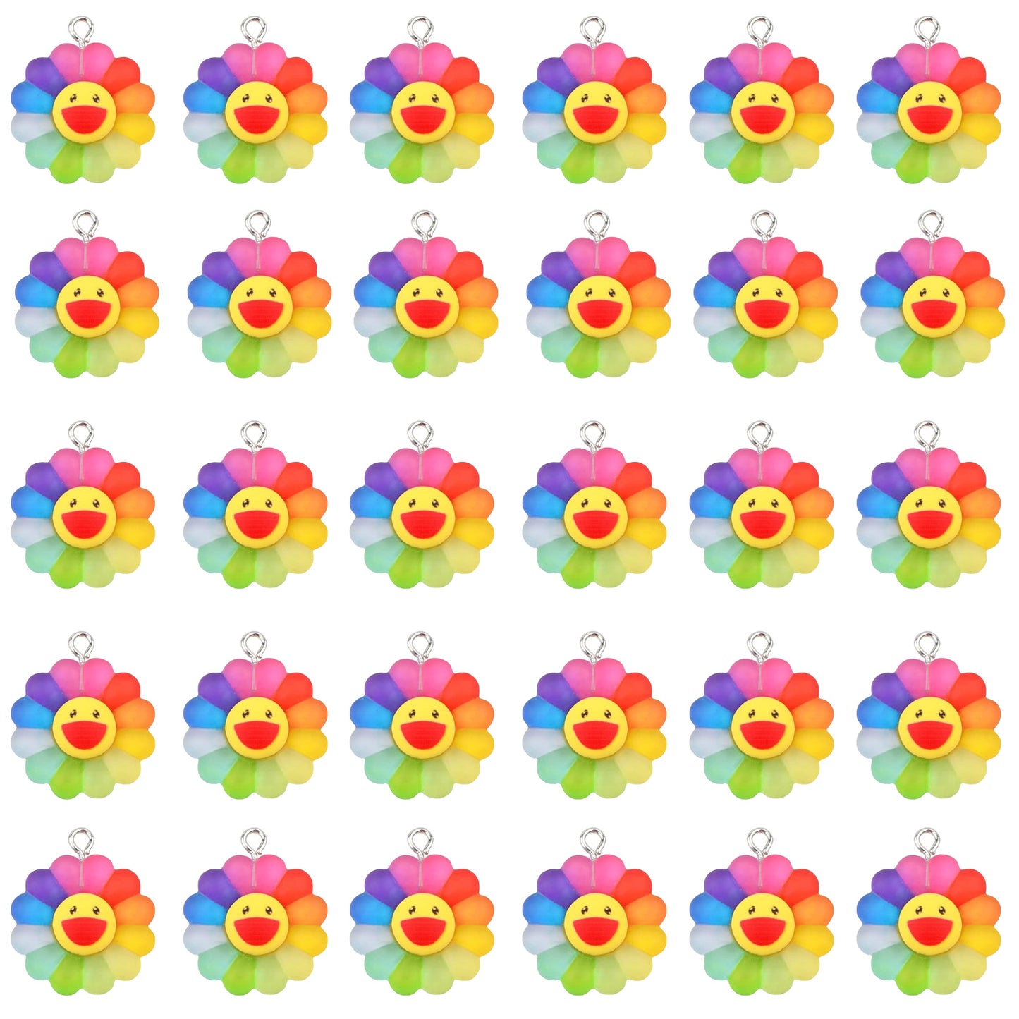 30pcs Colorful Smiley Face Sunflower Charms Matte Resin Rainbow Sun Flower Dangle Pendants Collection Crafts for DIY Bracelet Necklace Earring Jewelry Making, 3 Sizes
