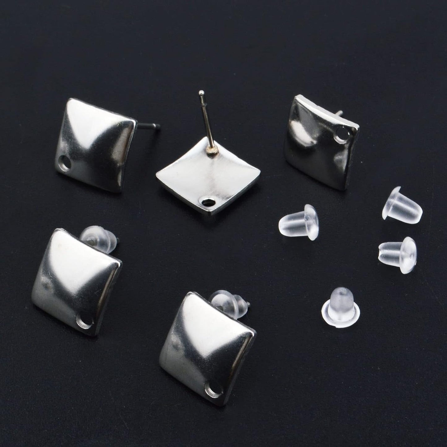 30pcs Stainless Steel Stud Earrings Settings Square Flat Blank Earring Posts Studs with Loop and 30pcs Silicone Bullet Ear Backs Stoppers for DIY Jewelry Making, Silver