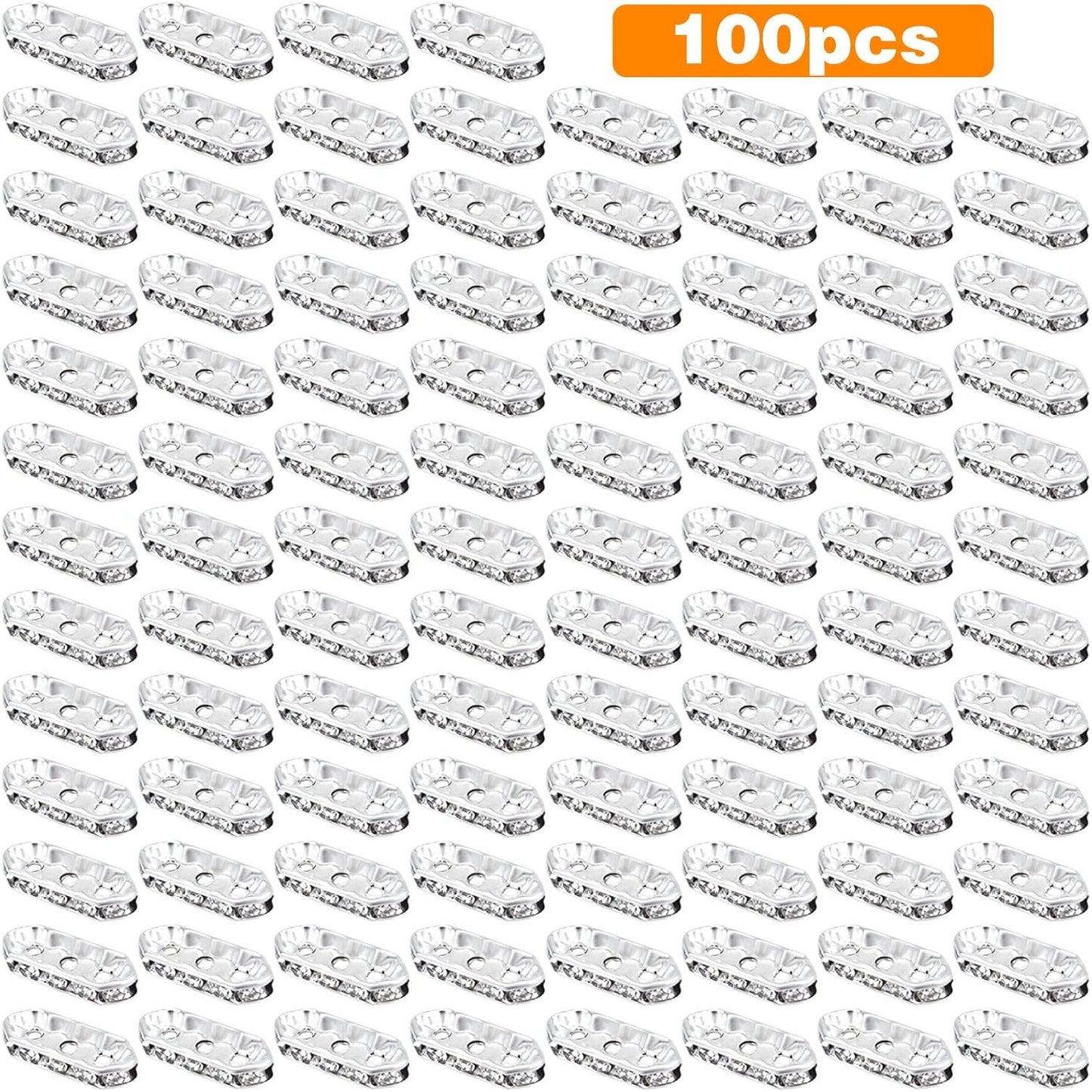 100pcs Silver Rhinestone Spacer Bars 3 Holes Crystal Spacer Beads Connector Loose Beads for DIY Multi Strand Bracelet Jewelry Making, 17.5x7mm