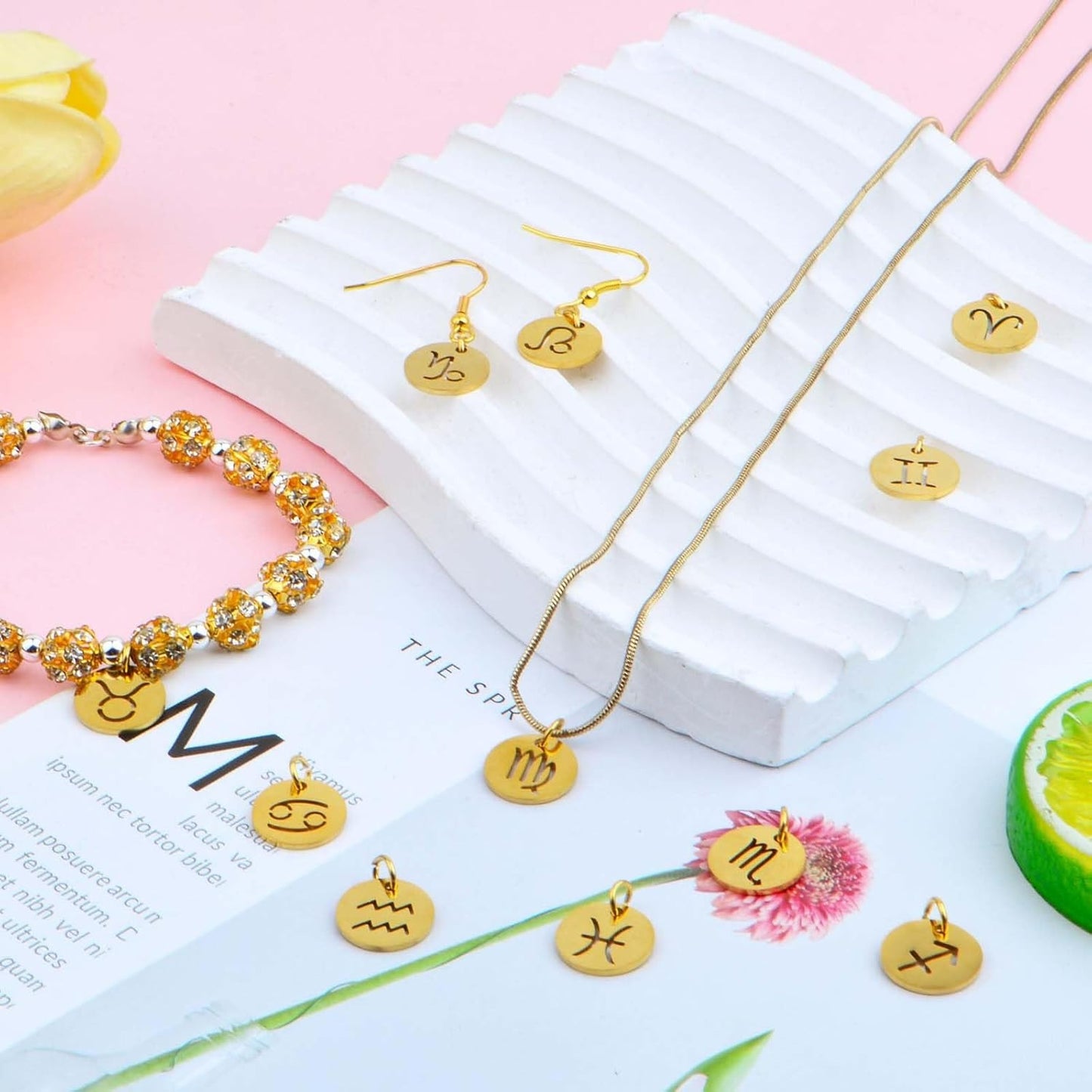 12pcs Golden Plated Flat Round Twelve Constellations Charms Stainless Steel Zodiac Sign Pendants with Jump Rings for DIY Necklace Bracelet Jewelry Making Supplies