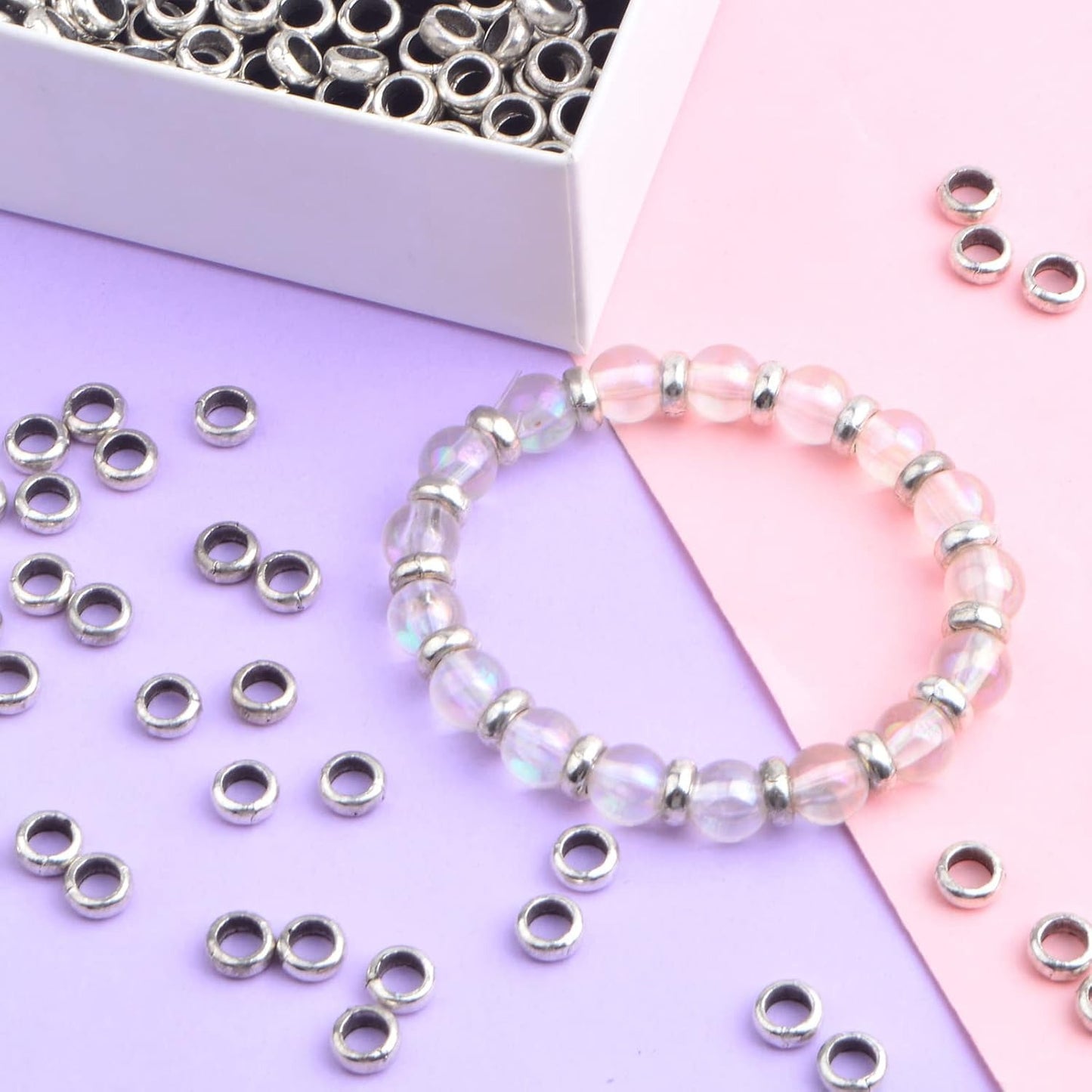 200pcs Antique Silver Large Hole Round Spacer Beads Tibetan Alloy Rondelle Spacer Beads Tiny Smooth Loose Beads for DIY Bracelet Necklace Jewelry Craft Making, Hole: 4.5 mm