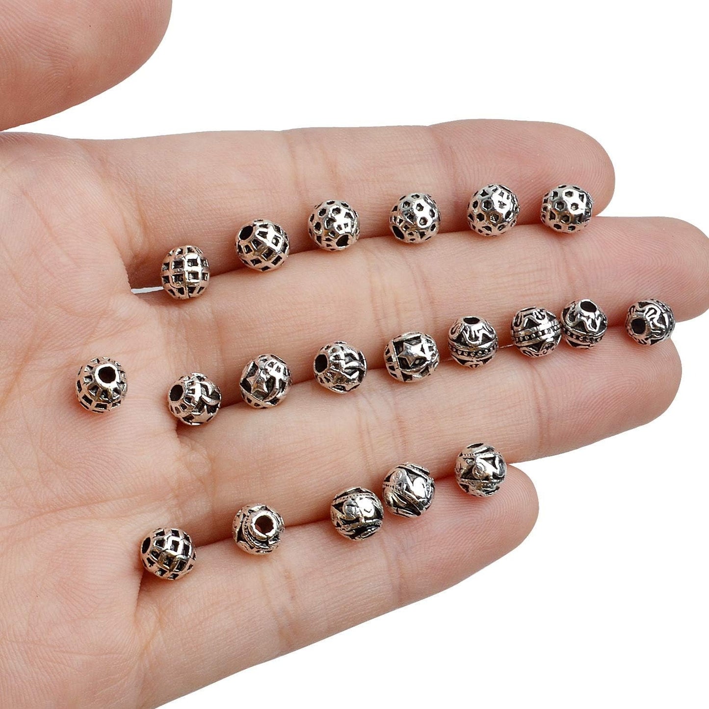 100pcs Tibetan Antique Silver Round Spacer Beads Hollow Spacer Charm Beads for Necklace Bracelet Crafts Jewelry Making,5 Styles
