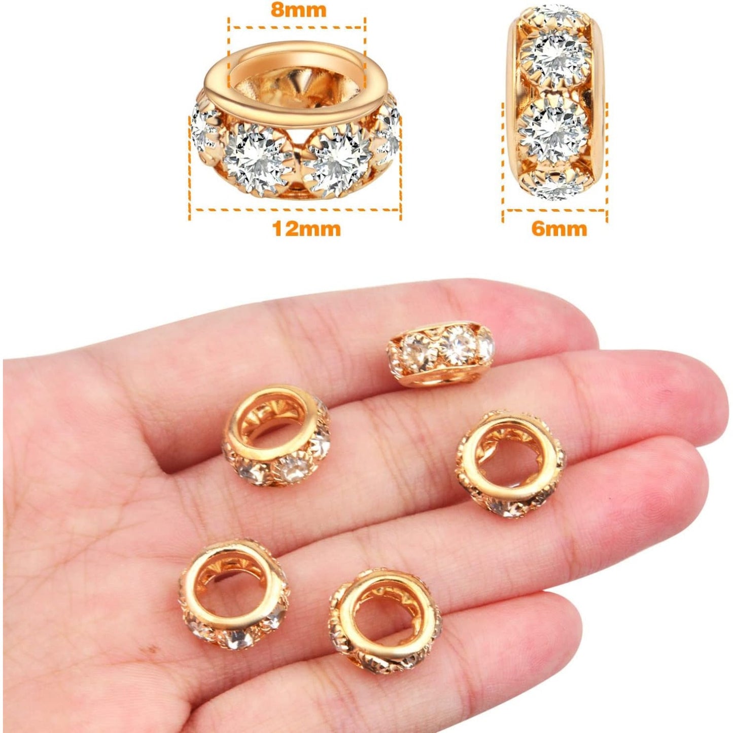 40pcs 12mm Rhinestone European Spacer Beads Diamond Crystal Charm Beads Rondelle Loose Beads with 8mm Large Hole for DIY Bracelet Crafts Jewelry Making, KC Golden