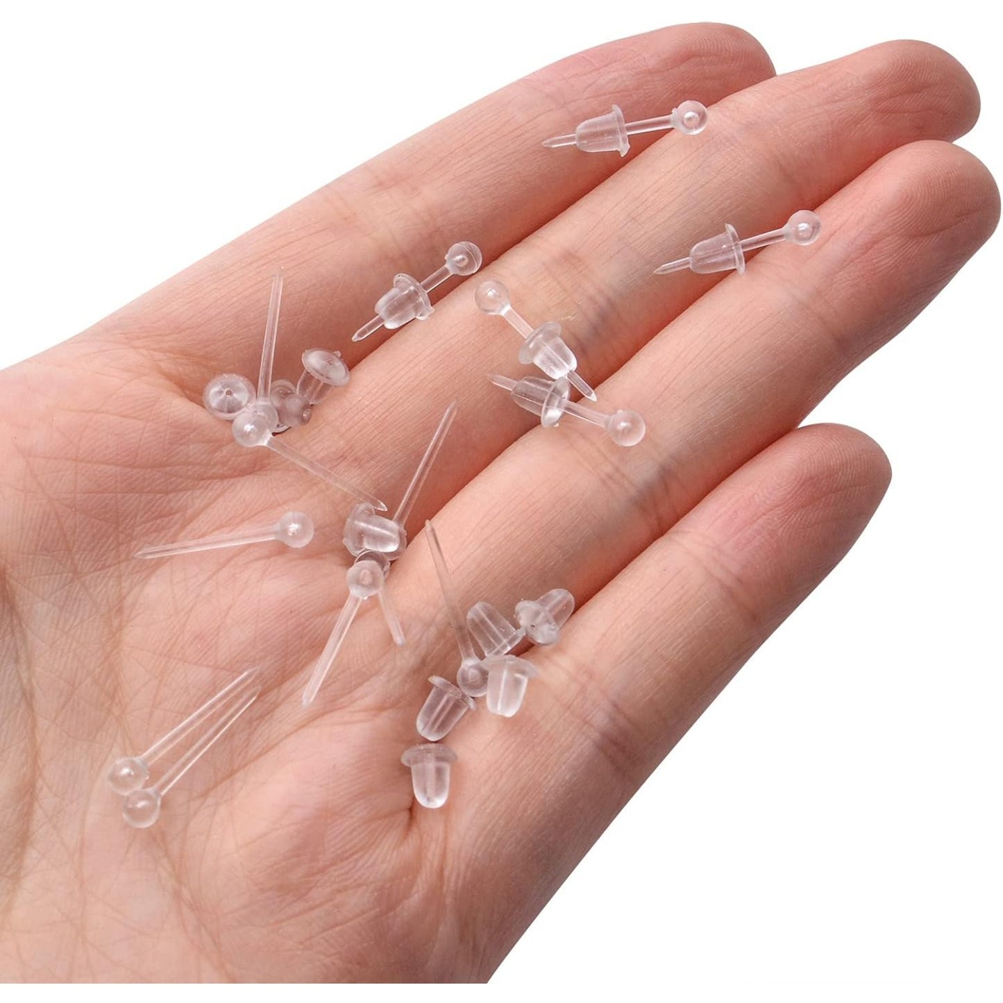 100pcs Clear Earring Posts Studs Plastic Earring Pin Studs Ball Stud Earrings and 100pcs Silicone Bullet Earring Backs for Men Women