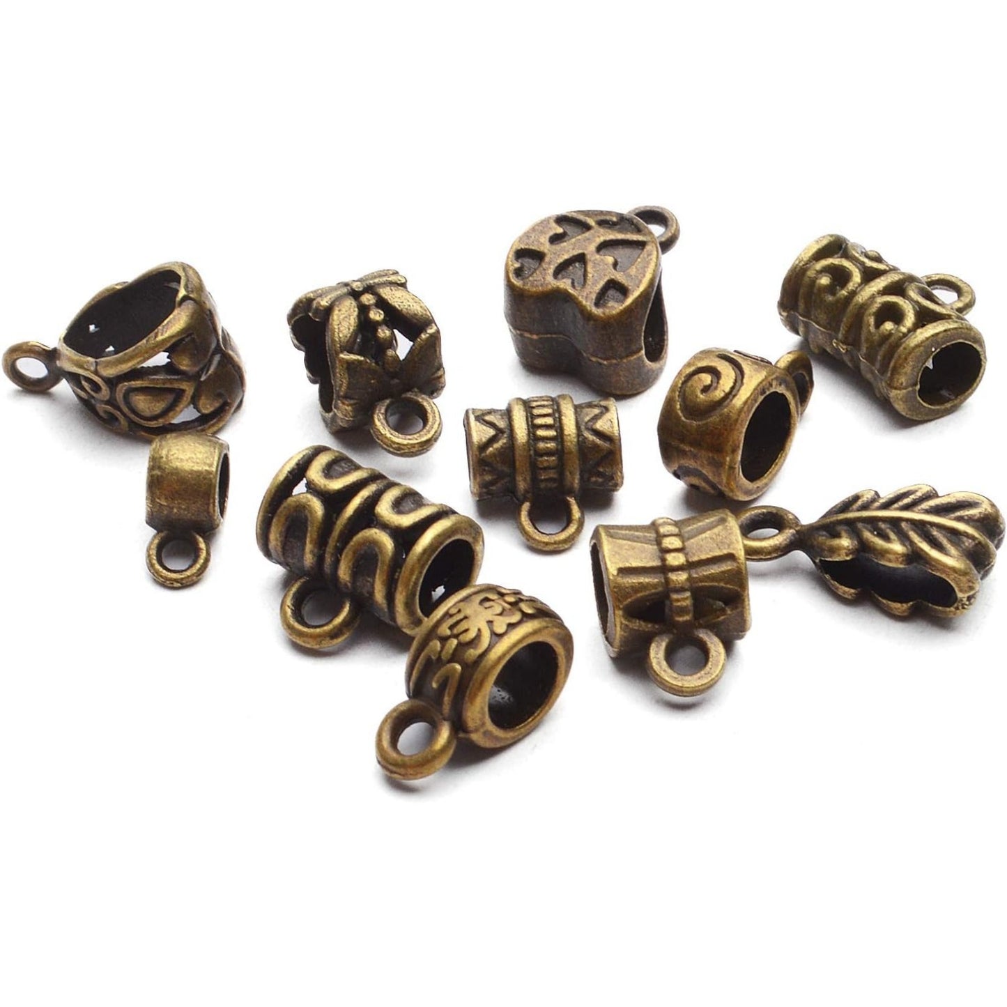 Tibetan Mixed Bail Beads Connectors - 100 Gram Metal Tube Bail Beads & Spacer Hanger Links for European Charm Jewelry Making, Antique Bronze