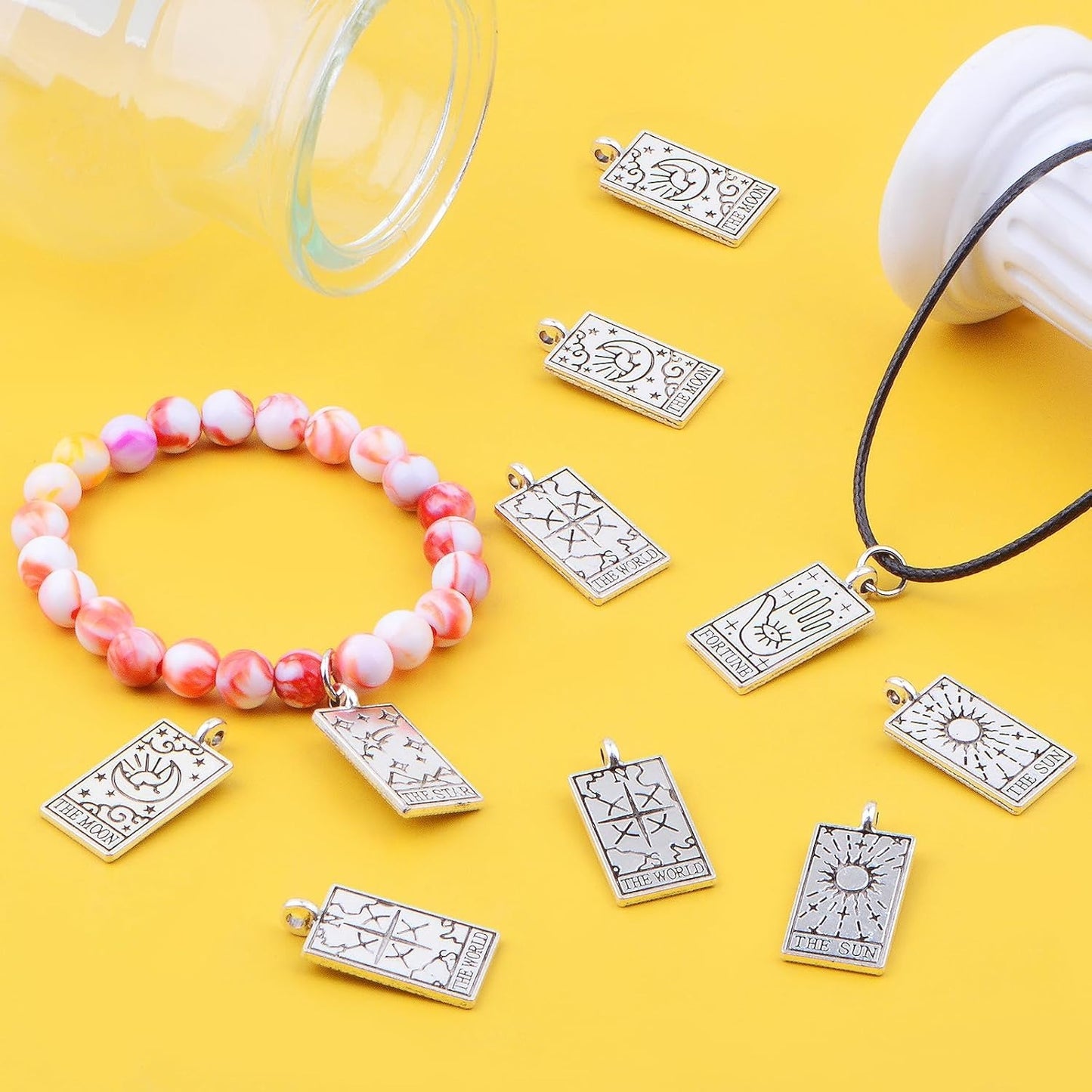 30pcs Antique Silver Rectangle Tarot Card Charms Vintage Alloy Sun Moon Star Fortune Good Luck Amulet Magic Dangle Pendants for DIY Earrings Jewelry Making Supplies, 5 Styles