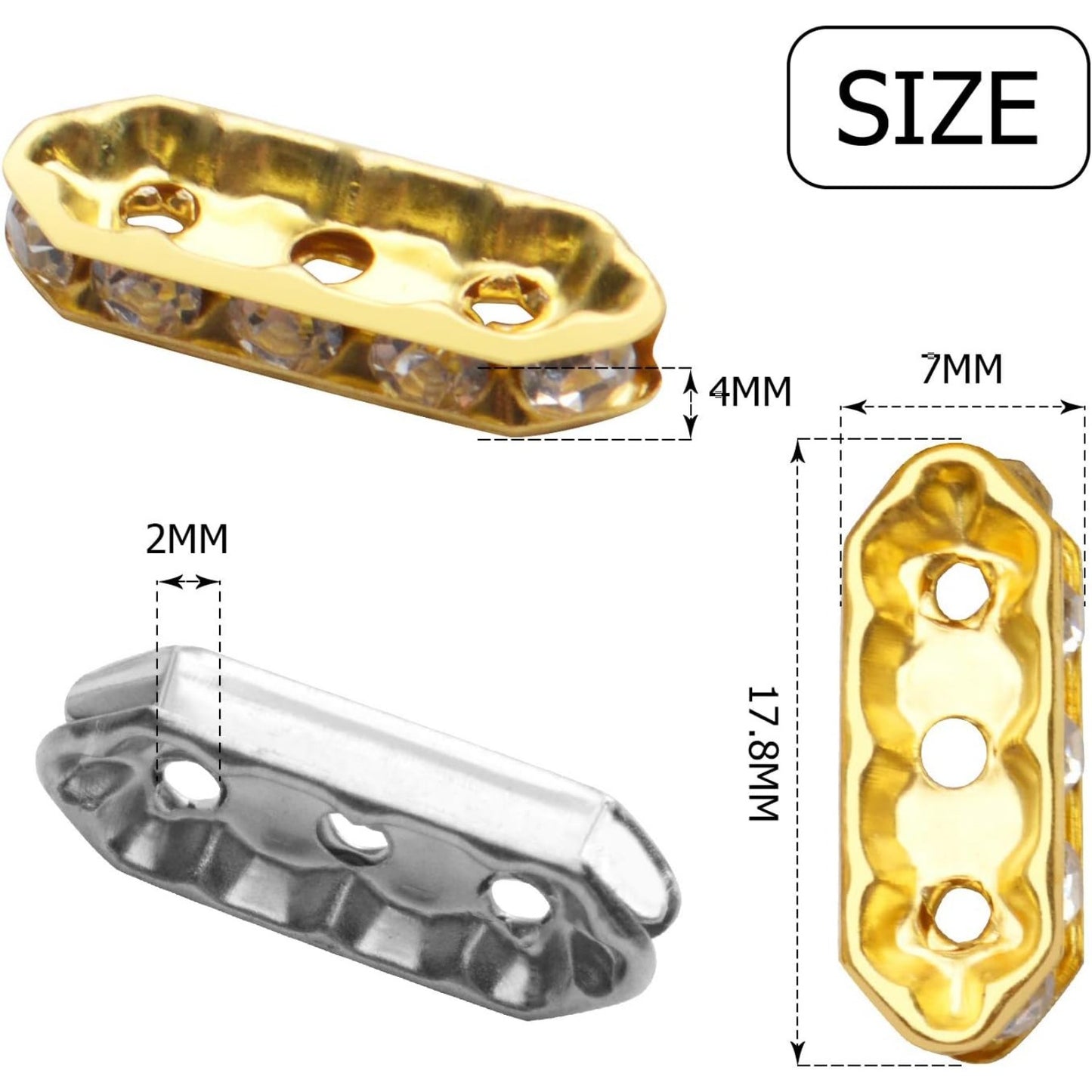 Rhinestone Spacer Beads,100Pcs Crystal Spacer Bars Beads 3 Hole Alloy Spacers Bar Link Connectors for DIY Multi Strand Bracelet Jewelry Making