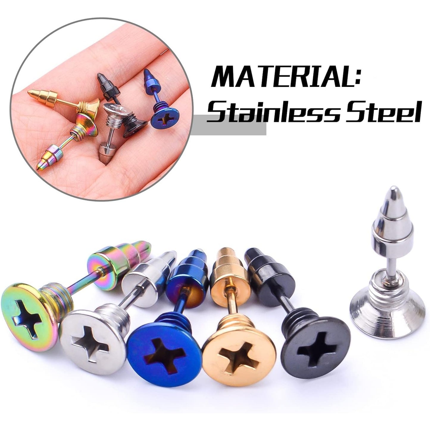 Screw Earring Studs, 5 Pairs Unisex Stainless Steel Piercing Cross Screws Hoop Clip on Earrings Punk Hip Hop Earrings Tragus Cartilage Ear Stud for Men Women, 5 Colors