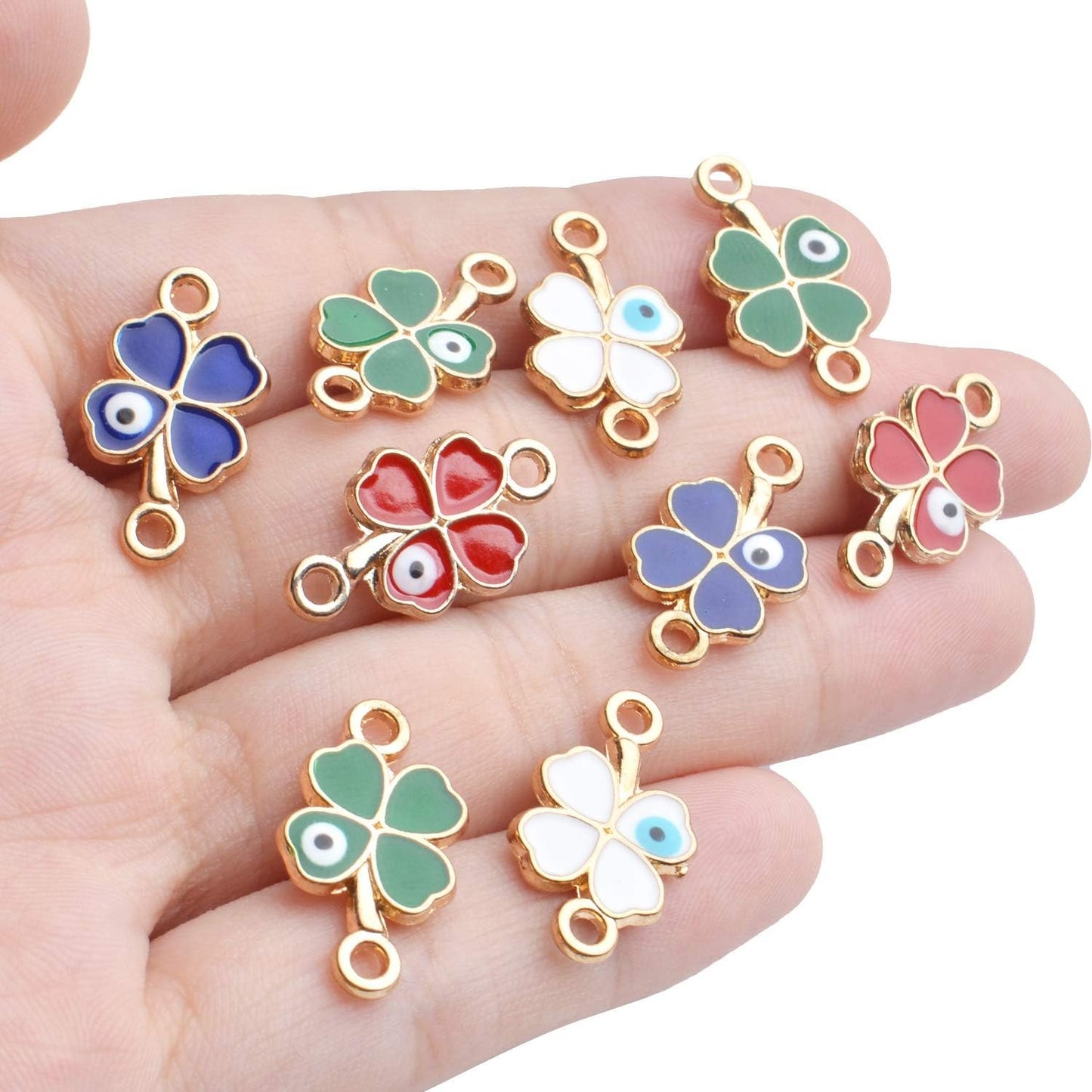 12PCS Four Leaf Clover Charms Alloy Evil Eye Pendant Connectors Findings Patrick's Day Charms for DIY Necklace Bracelet Jewelry Making