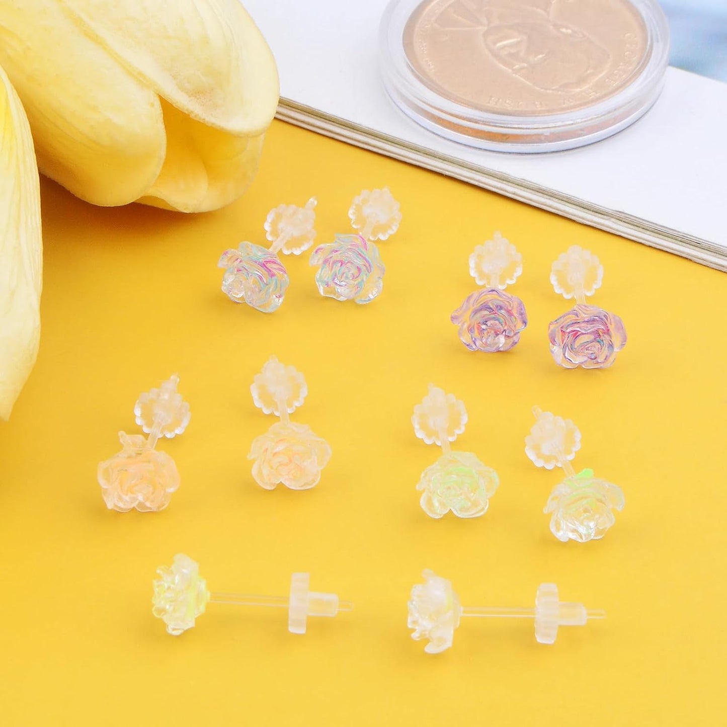 5 Pairs Plastic Camellia Stud Earrings Noble Flower Shaped Earring Pin Posts with Clear Earring Backs Kit for Sensitive Ears DIY Jewelry Making Supplies, 5 Colors