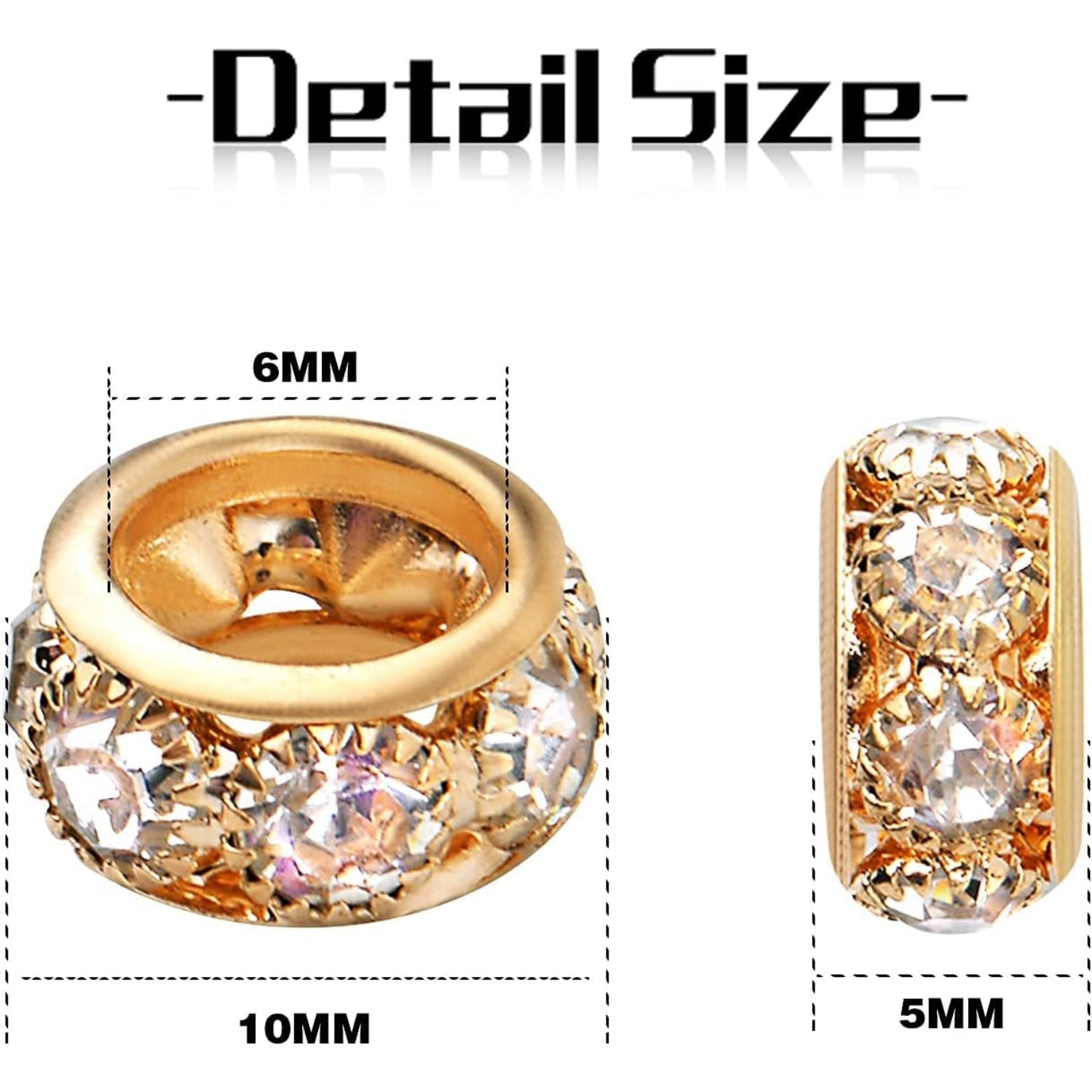 European Rhinestone Spacer Beads, 40pcs Gold Plated Crystal Rondelle Beads Brass Round Loose Beads with 6 mm Large Hole for DIY Jewelry Making Christmas Party Birthday Ornament, 10 mm x 5 mm