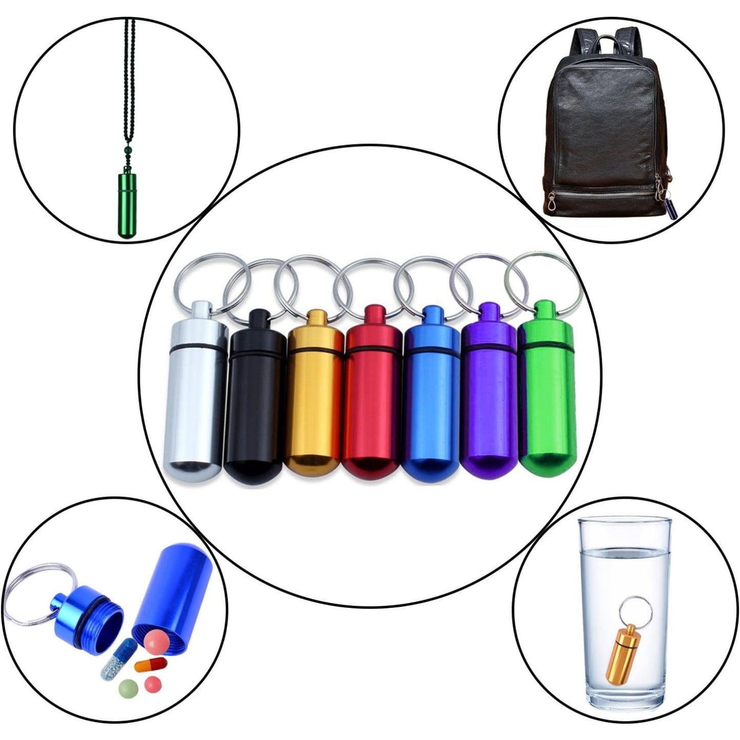 7Pcs Pill Box Holders,Mini Portable Waterproof Aluminum Pill Case with Keyring for Traveling,Camping,Hiking,Outdoor Sports