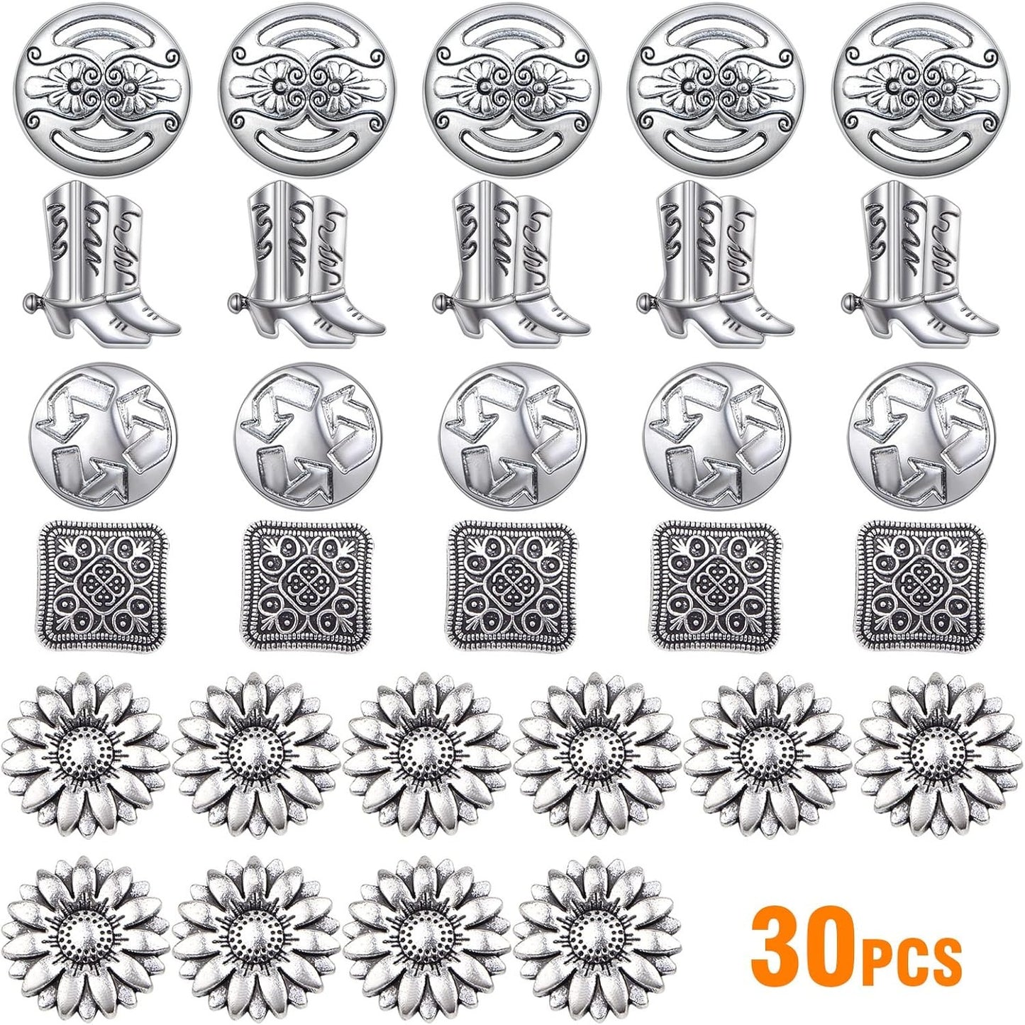 30pcs Silver Sewing Shank Buttons Tibetan Alloy Assorted Carved Sunflower Arrowhead Boot Decorative Handmade Buttons for Costumes Design Clothes Jeans Sewing Crafts, 5 Styles