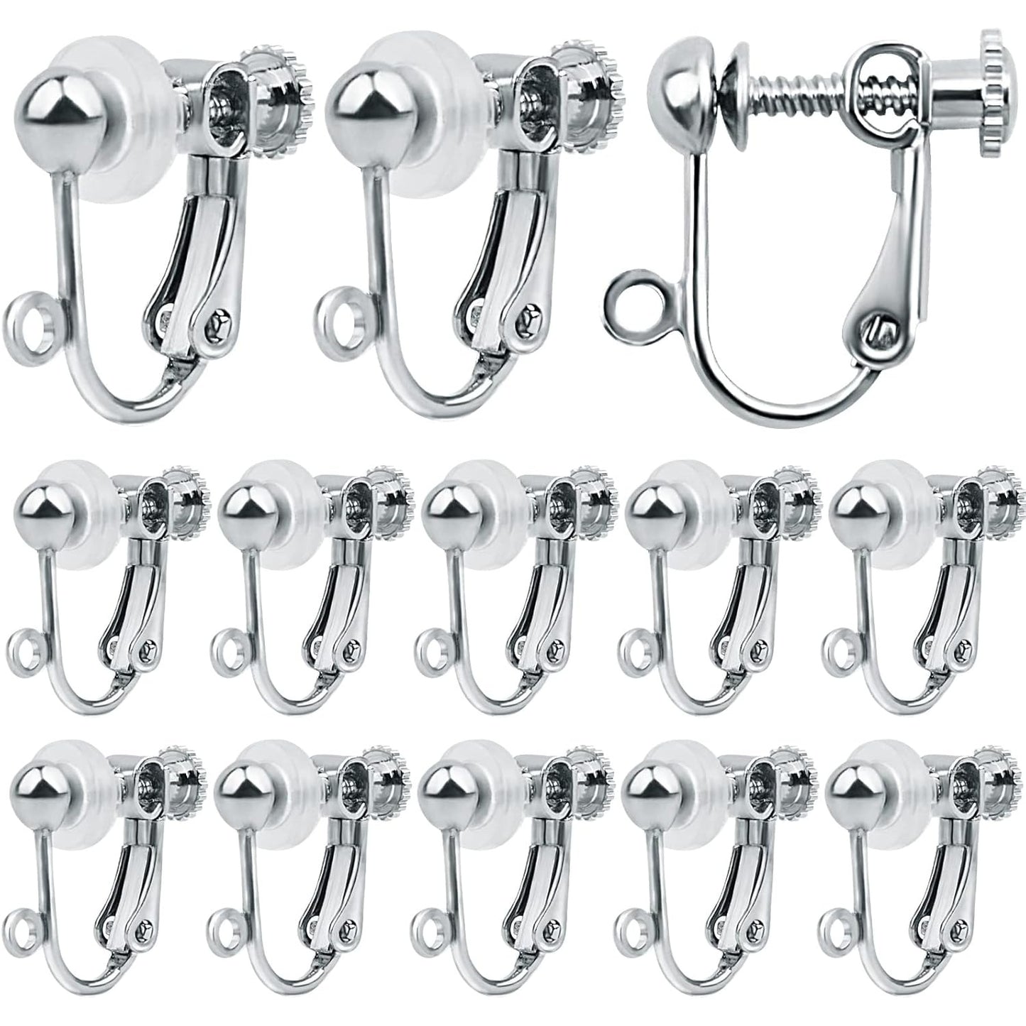 24pcs Silver Plated Clip-on Earring Converters Brass Screw Back Earwire Non Pierced Earring Components with Loop and 24pcs Anti-Pain Pads for DIY Earrings Jewelry Making