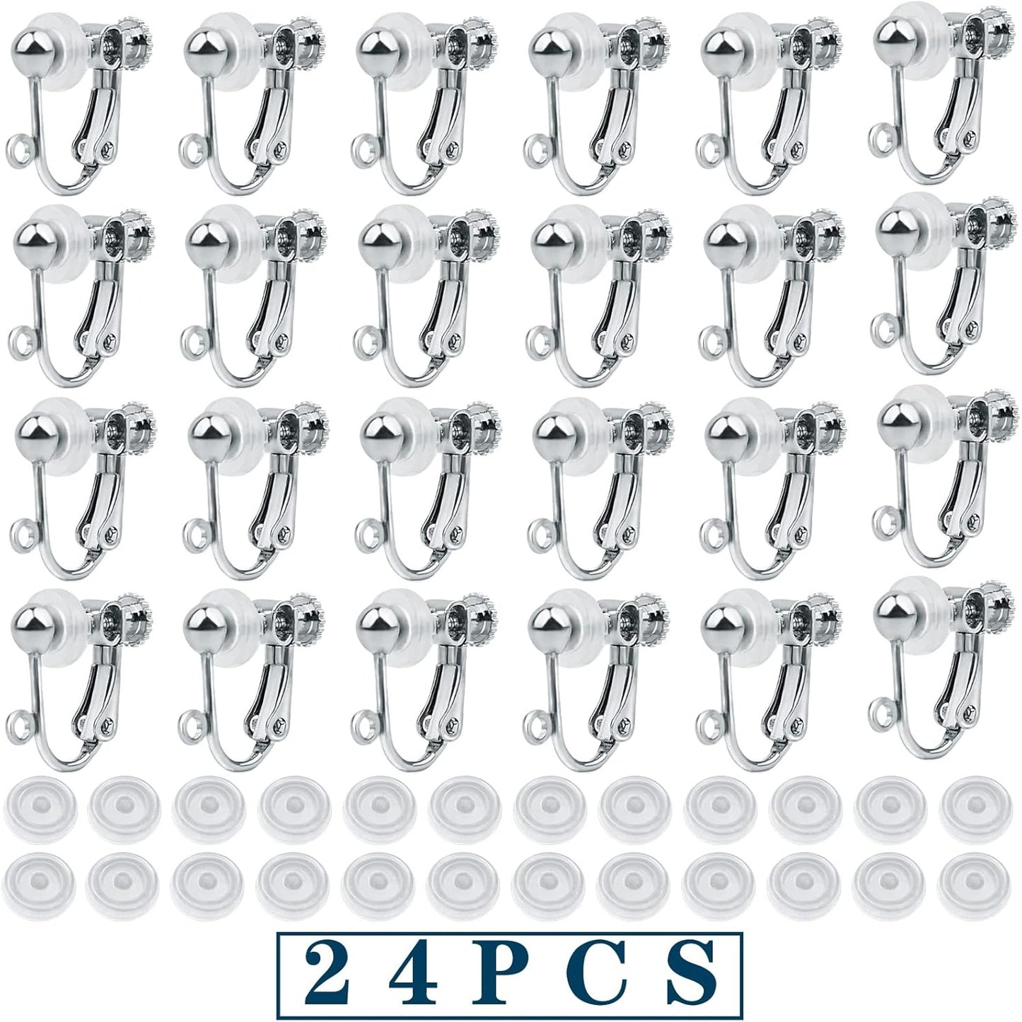 24pcs Silver Plated Clip-on Earring Converters Brass Screw Back Earwire Non Pierced Earring Components with Loop and 24pcs Anti-Pain Pads for DIY Earrings Jewelry Making