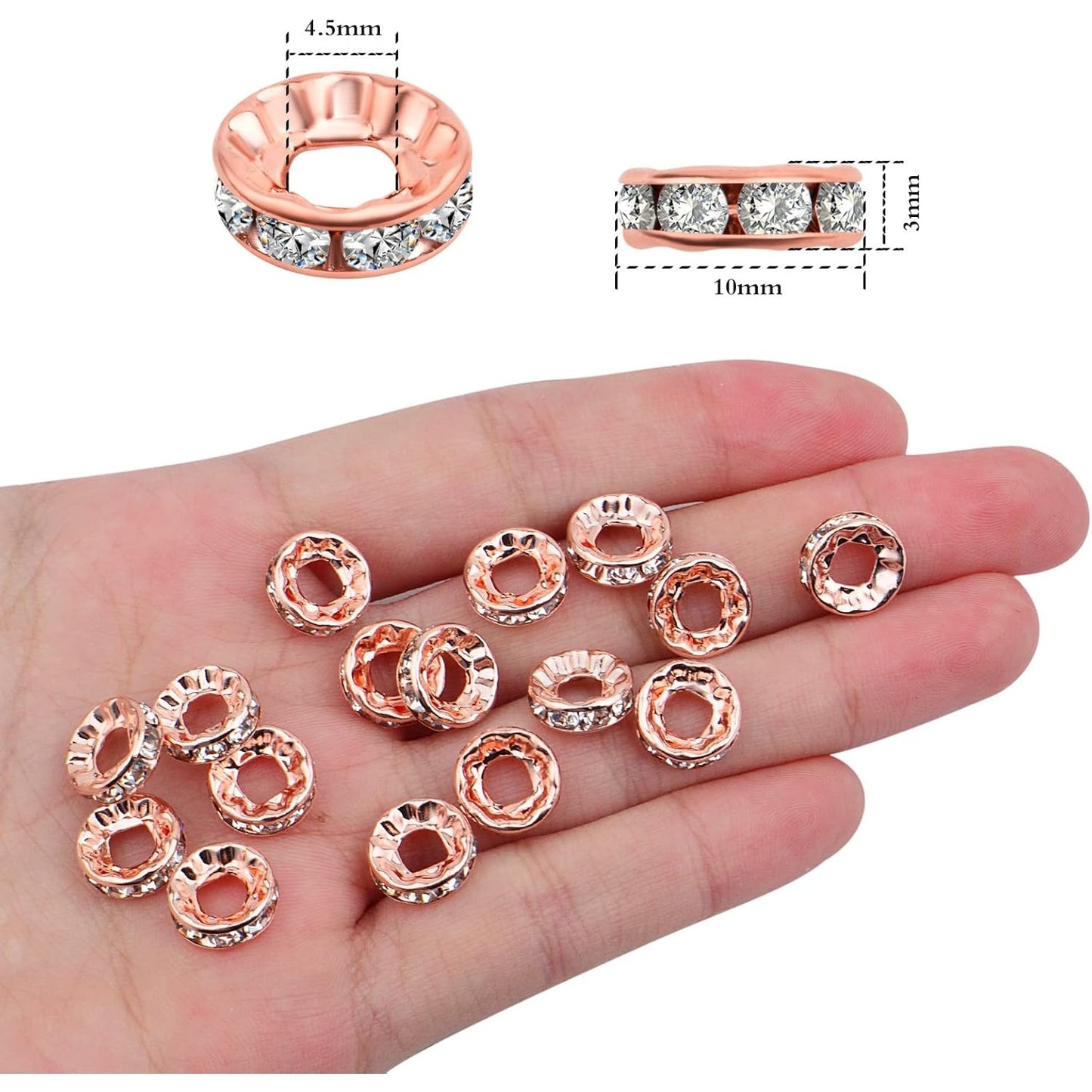100pcs 10 mm Rhinestone Rondelle Spacer Beads Large Hole Round Crystal Loose Beads Craft Supplies for DIY European Bracelet Jewelry Making Decor, Rose Golden