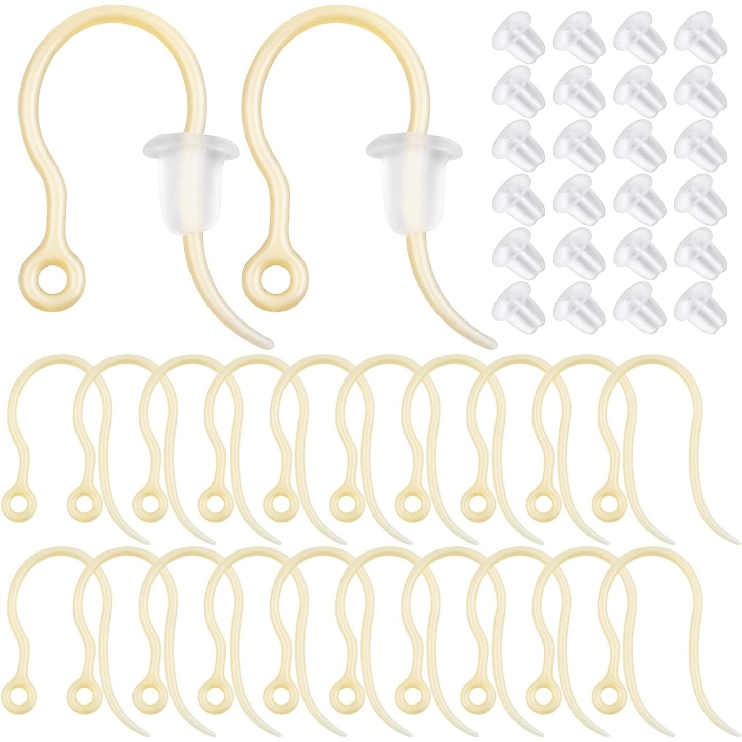 100pcs Golden Plastic Earring Hooks Fish Hooks with Loop and 100pcs Clear Bullet Earring Stoppers for DIY Jewelry Making Party Gifts Crafts Decor