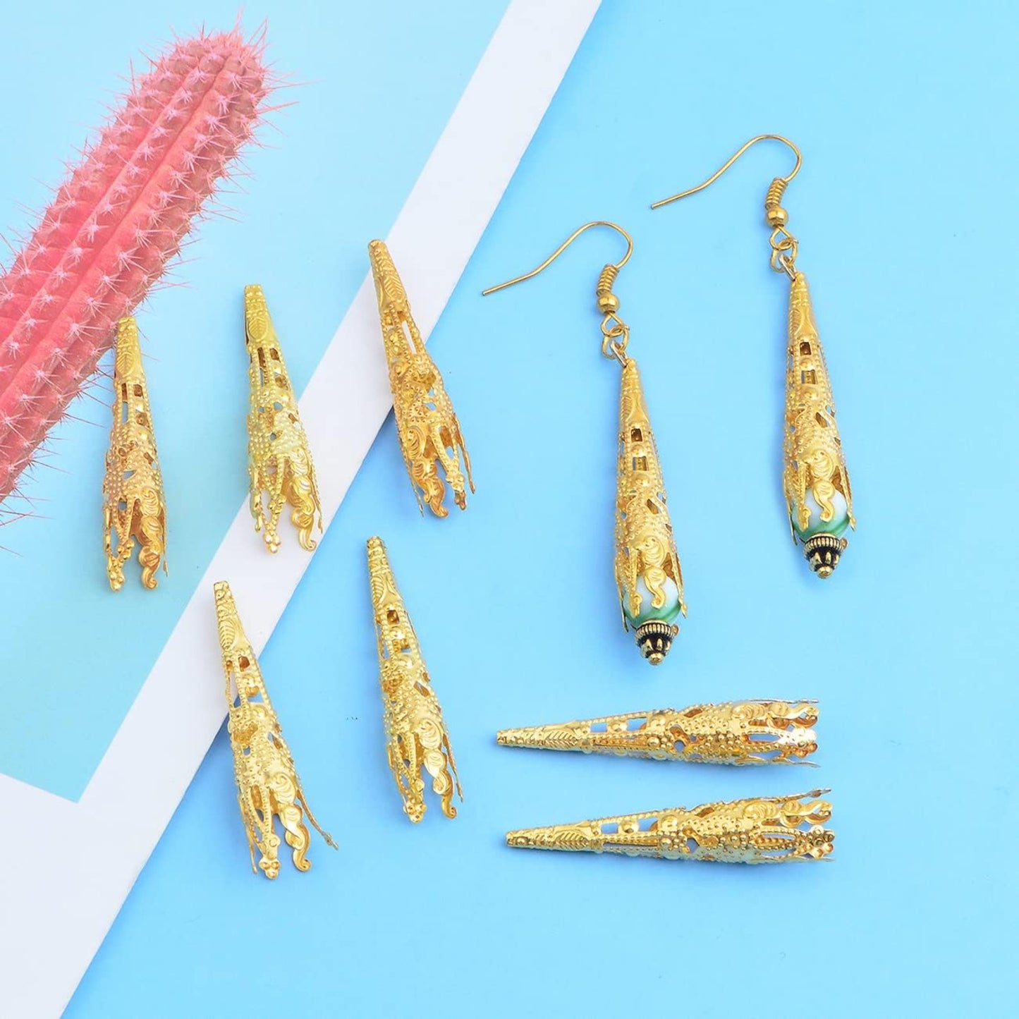 100pcs Golden Long Horn-shaped Flower Bead Caps Hollow Cone Bead End Caps Filigree Flower Spacers Hair Braid Beads for Women DIY Neckalce Earrings Hairpins Craft Projects