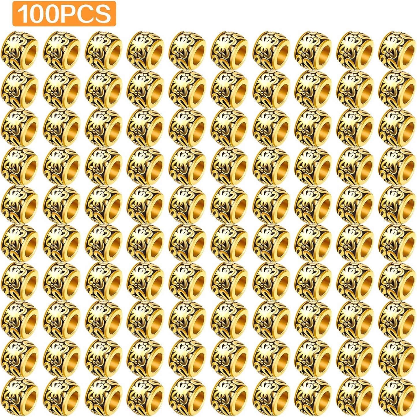 BronaGrand 100pcs Antique Gold Large Hole Spacer Beads Tibetan Alloy Column Barrel Beads with Nice Patterns Loose Charm Beads for European Charm Snake Chain Bracelet Jewelry Making