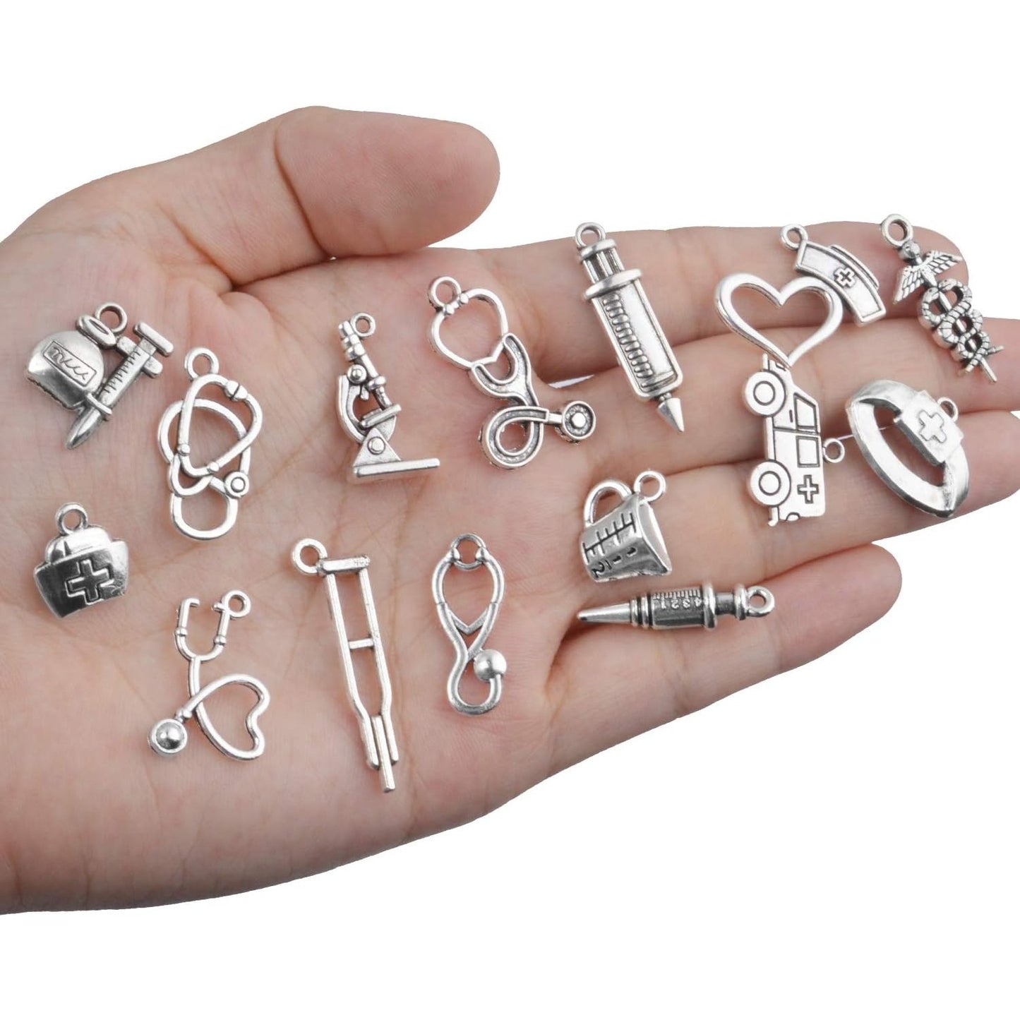 75pcs Antique Silver Medical Nurse Charms Stethoscope Ambulance Syringe Nurse Cap Hat Pendants Medical Theme Charms Craft Supplies for DIY Necklace Jewelry Making Accessory