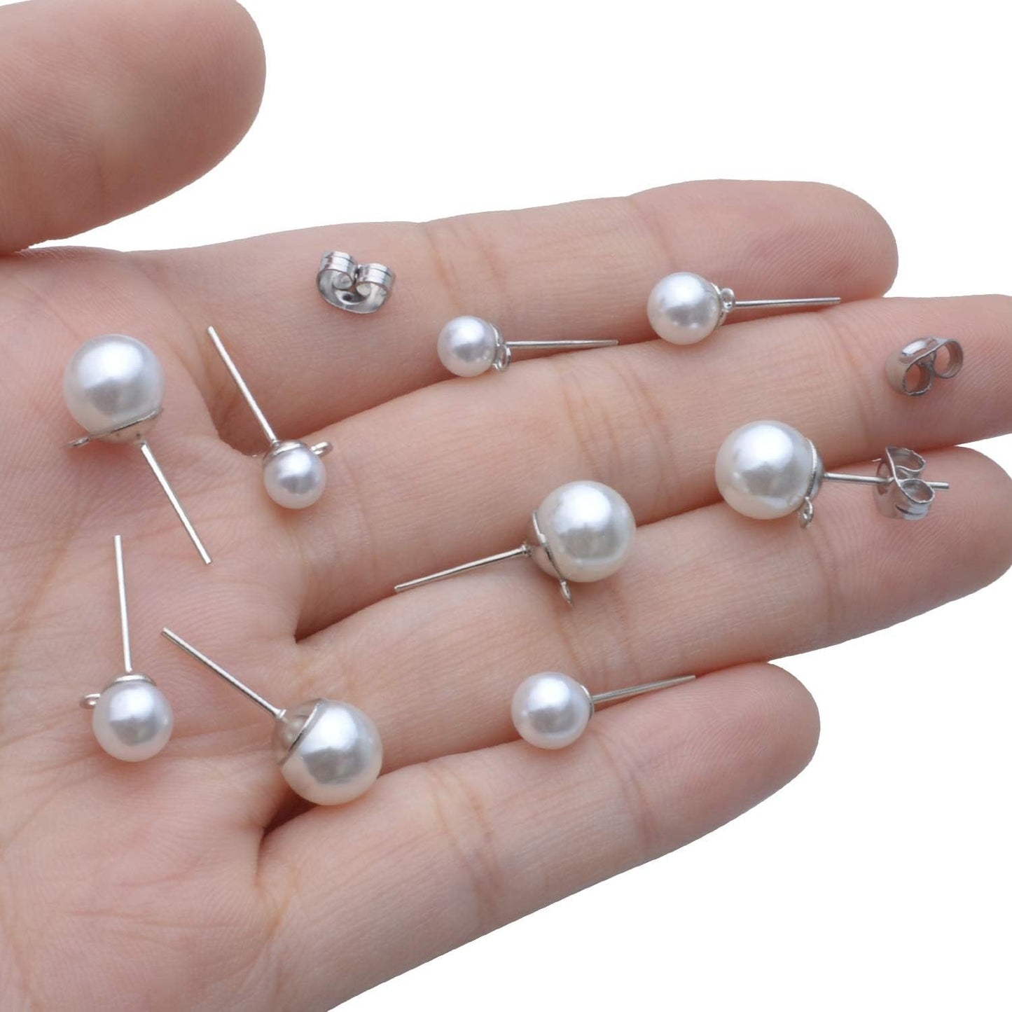 90pcs Faux Pearl Hypoallergenic Earring Posts Stud Earrings with Loop Metal Post Earring Studs and 90pcs Silver Butterfly Earring Backs for DIY Earring Jewelry Making
