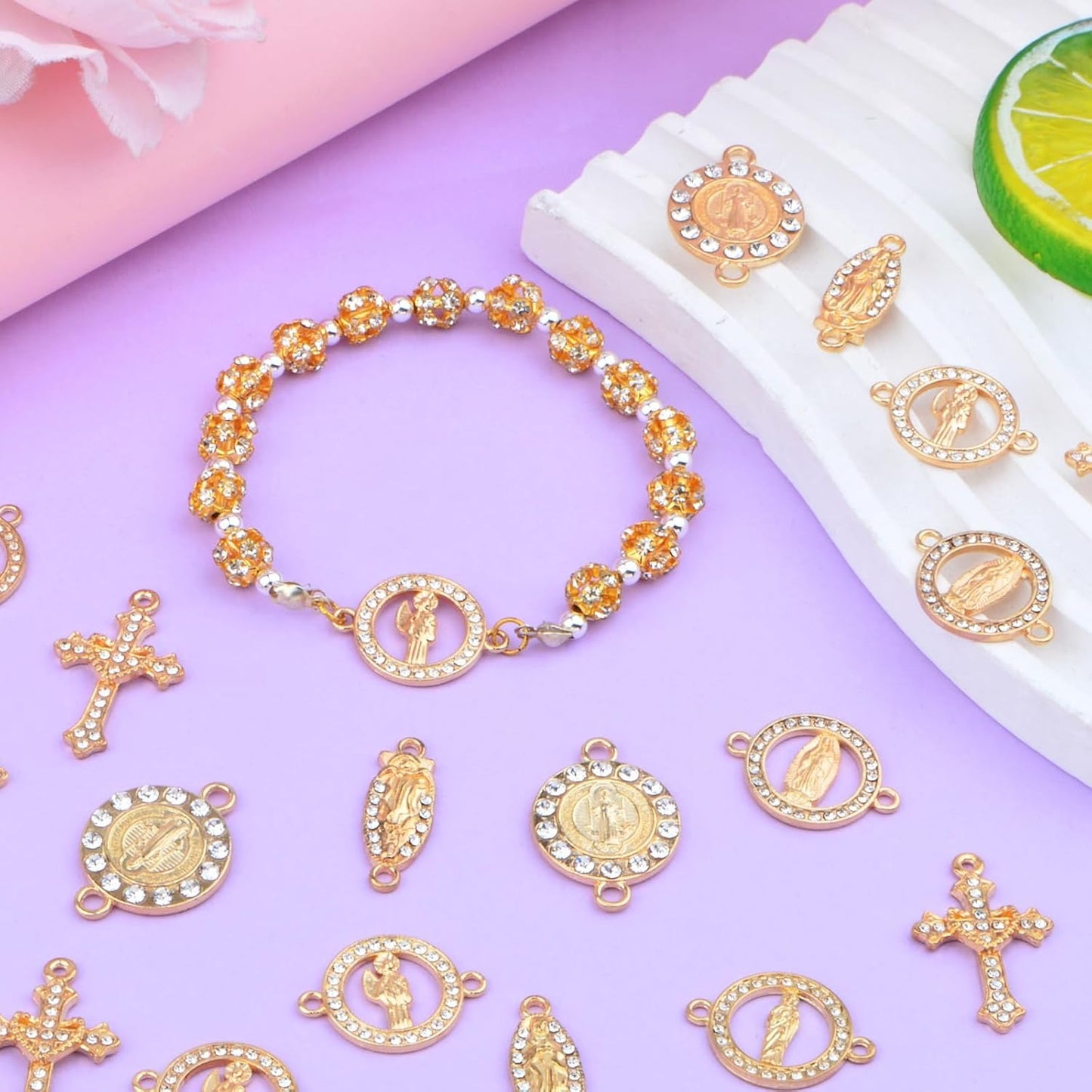 30pcs Golden Alloy Mixed Rhinestone Religious Cross and Center Miraculous Medal Charms Our Lady Virgin Mary Jesus Pendant Links for DIY Rosary Beads Necklace Jewelry Making, 6 Styles