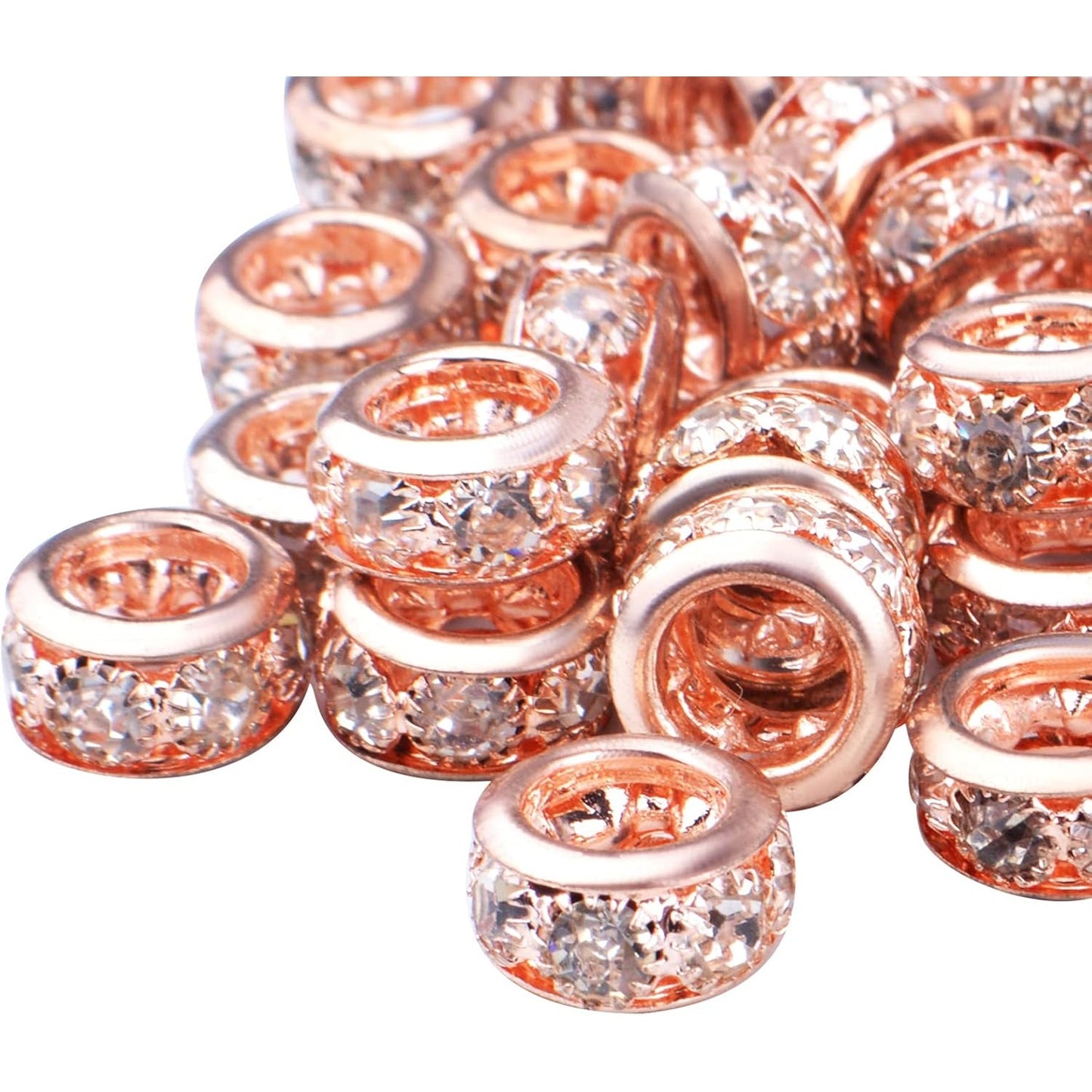 40pcs Rose Gold European Large Hole Beads Rhinestone Rondelle Spacer Beads Crystal Loose Charm Beads for DIY Bracelet Necklace Crafts Jewelry Making Supplies, Hole: 6 mm